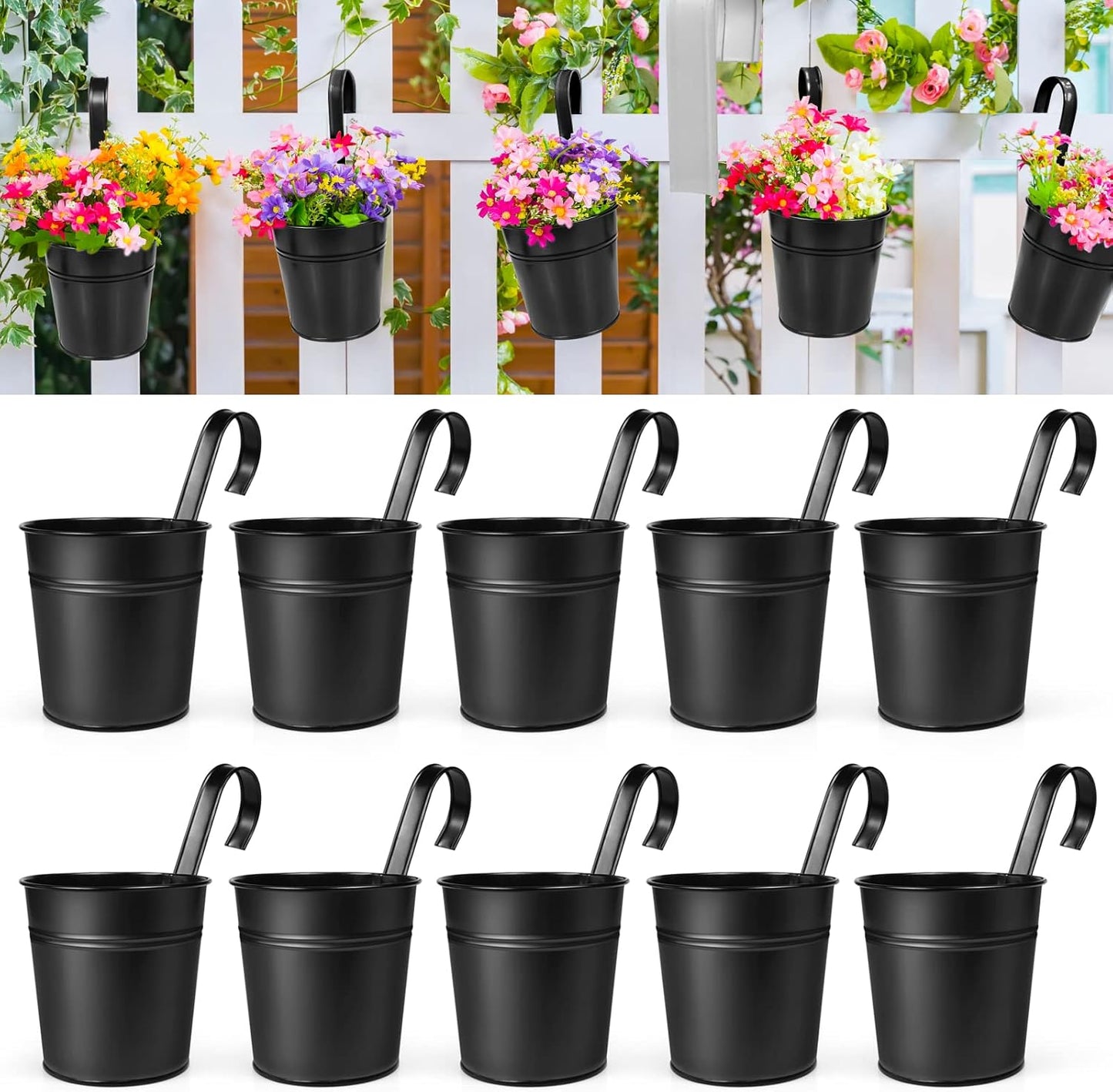 OGIMA 4pcs Hanging Flower Pots, Metal Iron Wall Planter Indoor/Outdoor for Railing Fence Balcony Garden Home Decoration with Detachable Hooks