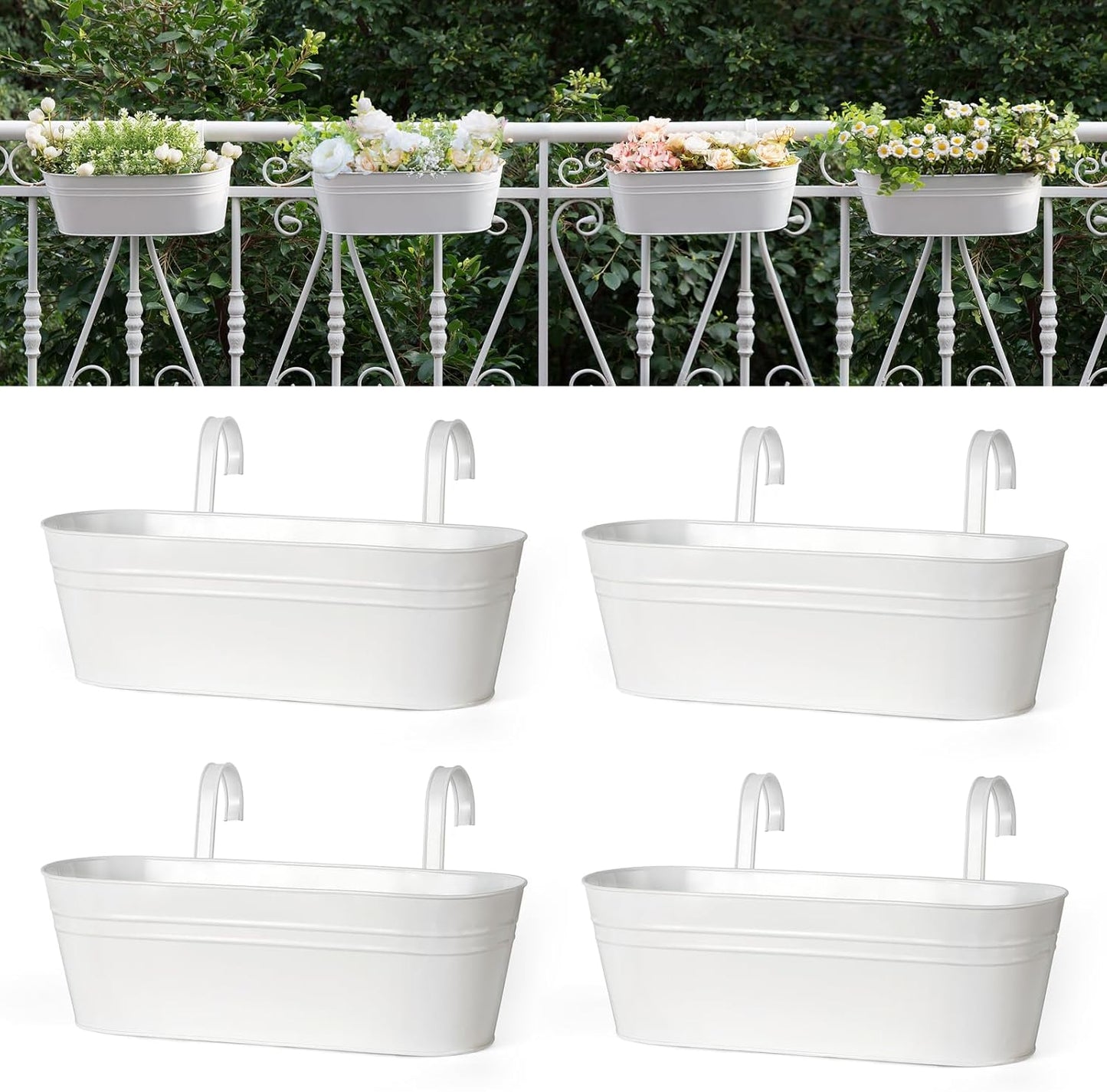 Dahey 3 Pcs Metal Hanging Flower Pots for Railing Fence Outdoor Planter 15.7 Inch Hanging Bucket Pots Countryside Window Flower Plant Holder with Detachable Hooks for Garden Yard Home Decor,Black