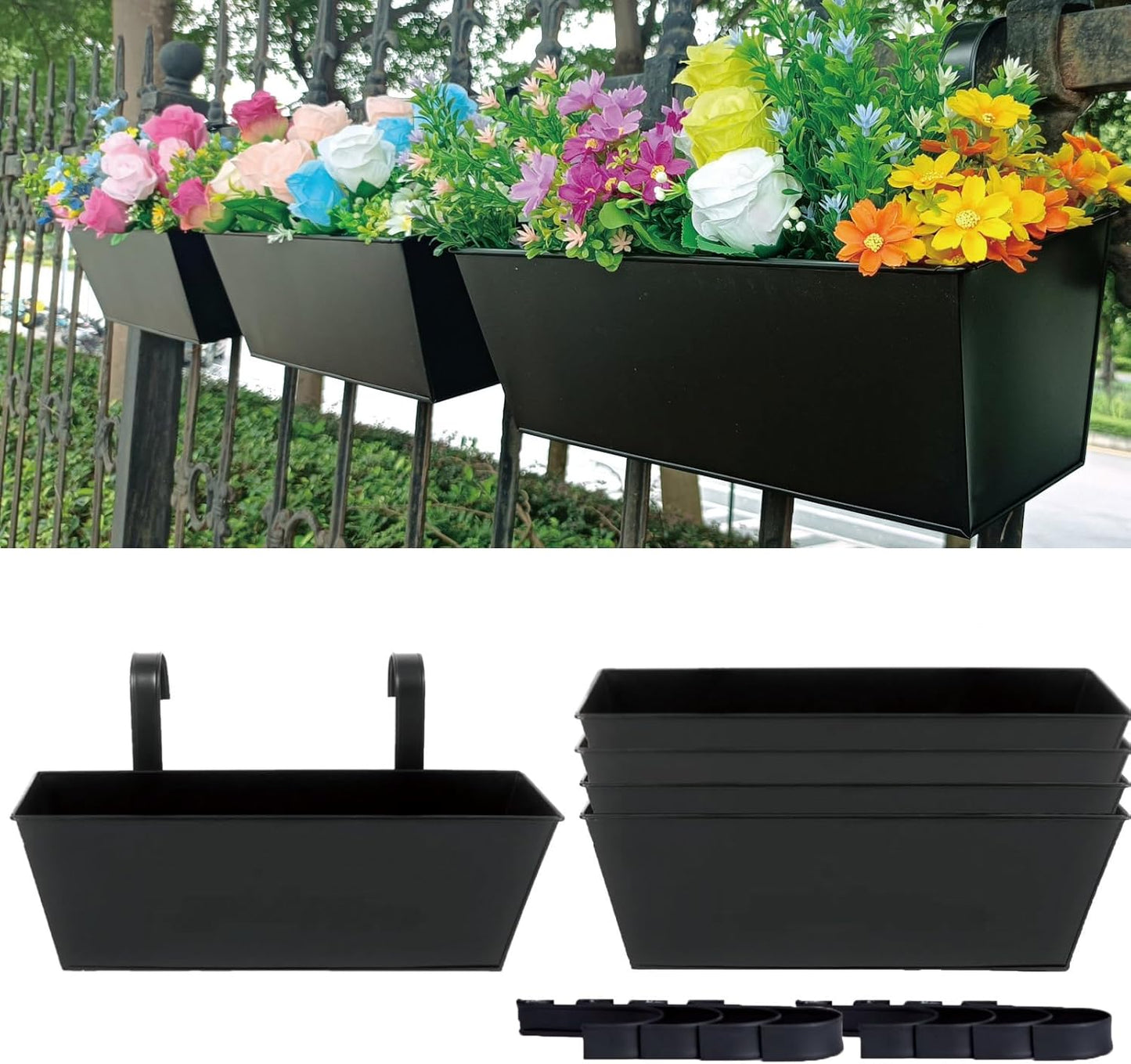 3 Pcs Large Hanging Flower Pots for Railing Or Fence 16 Inch Railing Planter Box for Any Balcony, Porch or Deck Countryside Style Window Planter Boxes Are Perfect to Herbs & Flowers for Garden (Black)