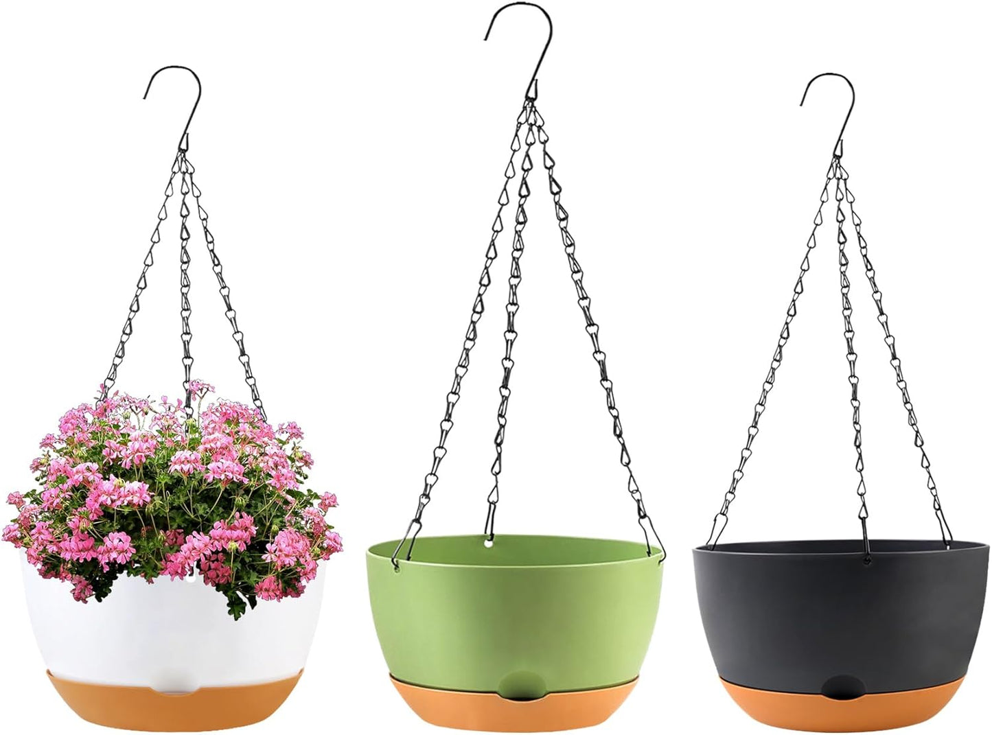 4 Pack Hanging Planter for Plants Indoor,8 Inch Plant Pot Outdoor Plastic Hanging Baskets with Drainage Holes and Chain for Garden Porch Plants(White+Black+Green+Beige)