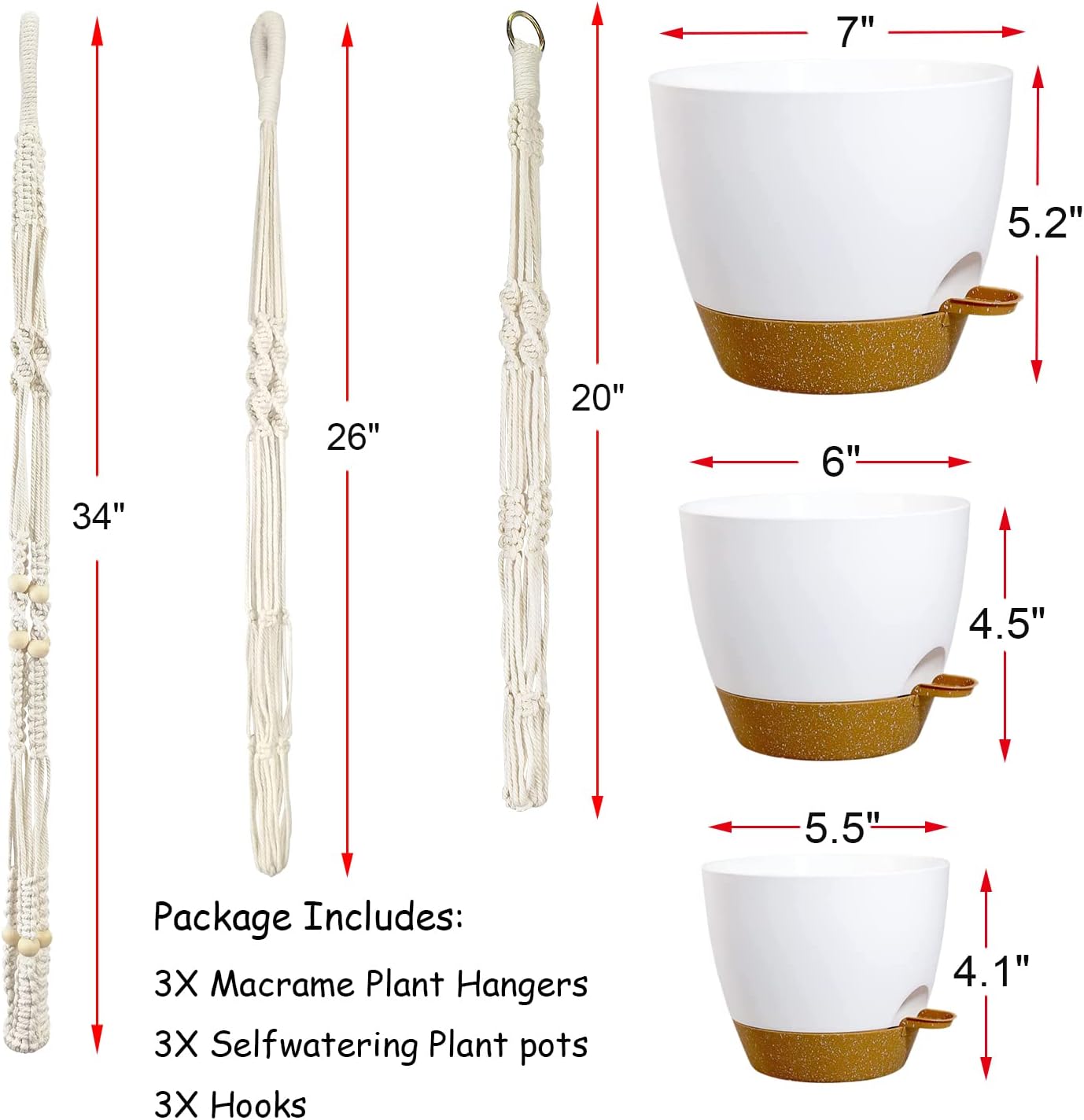 Hanging Planters with Macrame Plant Hangers for Indoor Outdoor Plants 3 Set Self Watering Pots Hanging Baskets Flower Pot Holders 3 Different Size