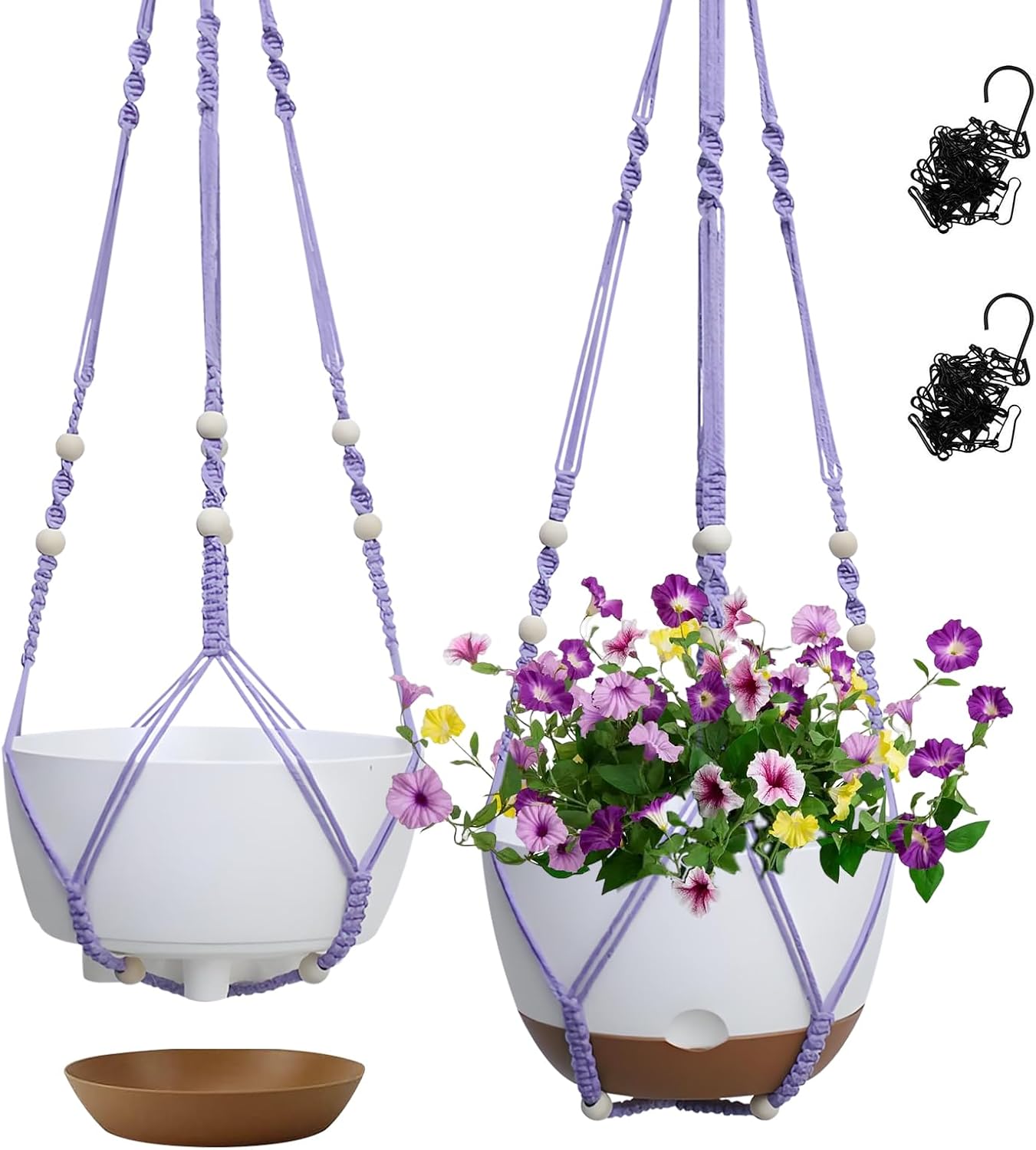 Hanging Planter Self Watering 10 Inch, 2 Pack Indoor Outdoor Hanging Baskets, Hanging Flower Pots with Drainage Hole & 2 Kinds of Plant Hangers for Garden Home Decor(Cream)…
