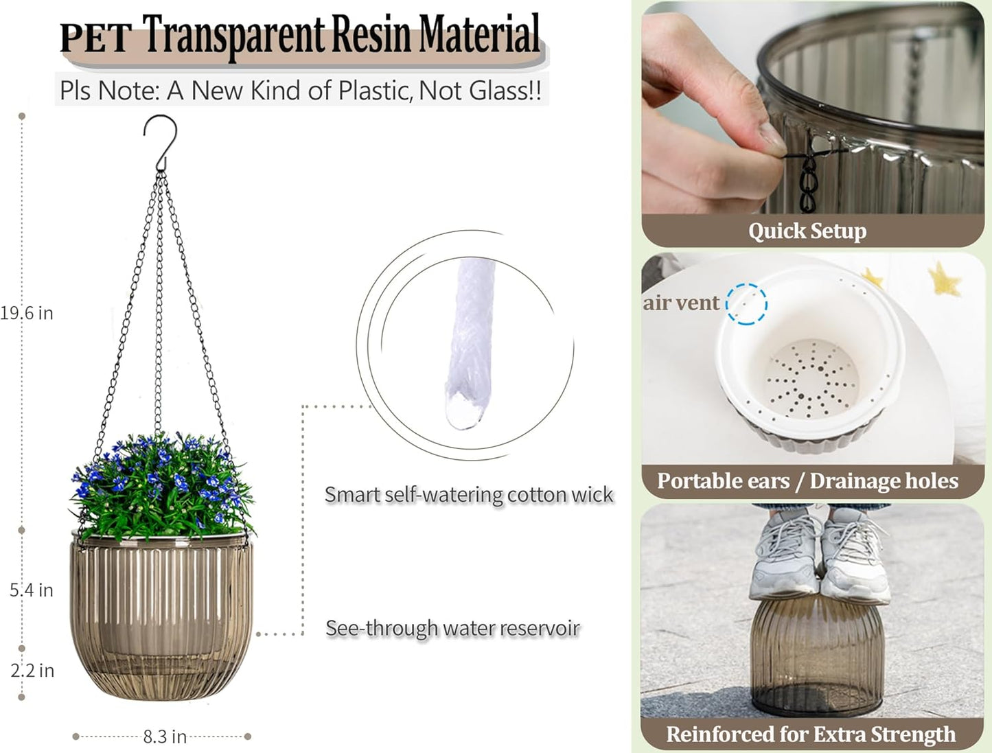Melphoe 1 Pack Self Watering Hanging Planters Indoor Flower Pots, 8.3 Inch Outdoor Hanging Plant Pot Basket, Plant Hanger with 3Hooks Drainage Holes for Garden Home