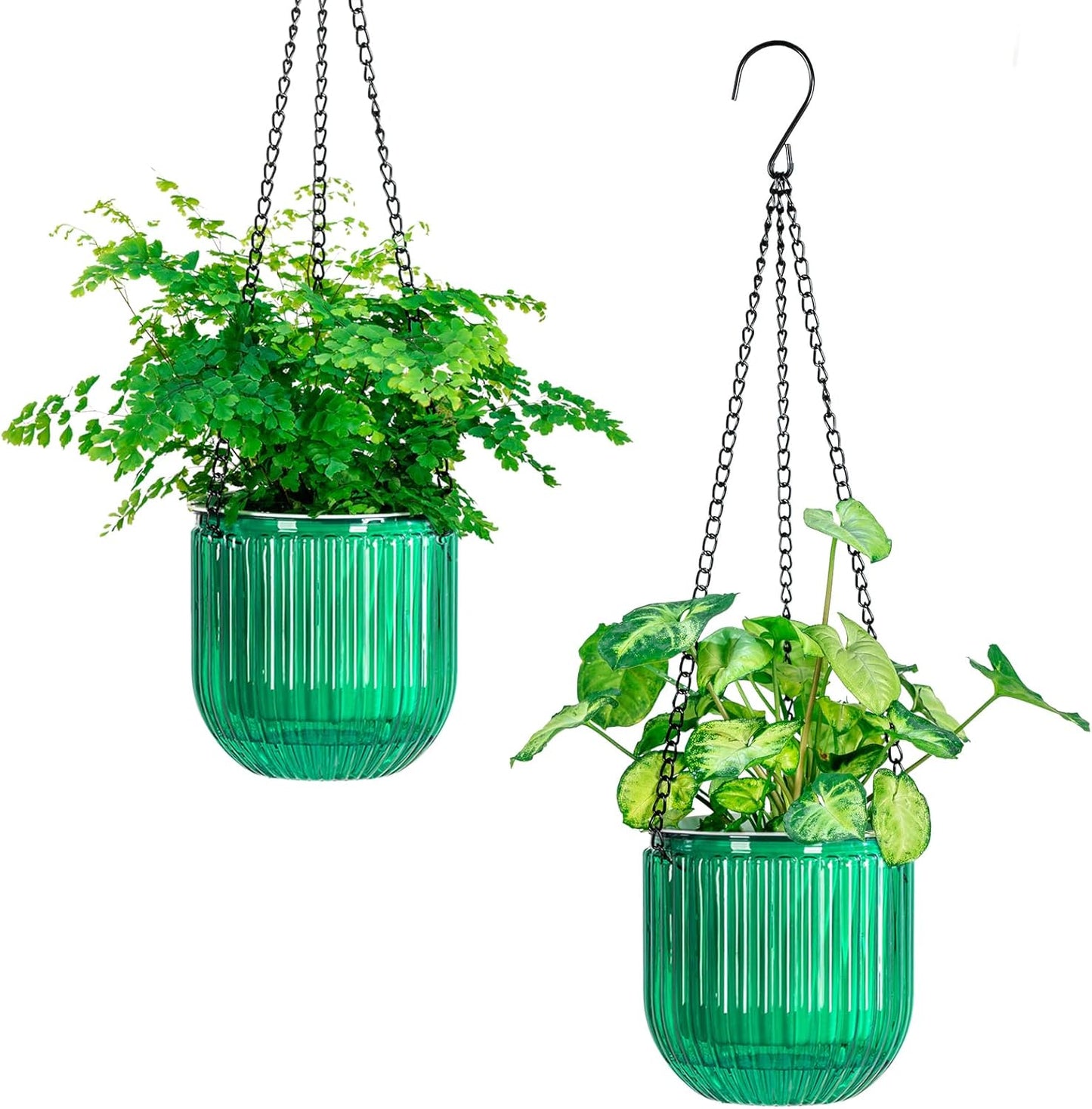 Melphoe 2 Pack Self Watering Hanging Planters Indoor Flower Pots, 6.5 Inch Outdoor Hanging Plant Basket, Hanger with 3Hooks Drainage Holes for Garden Home (Emerald + Gray)