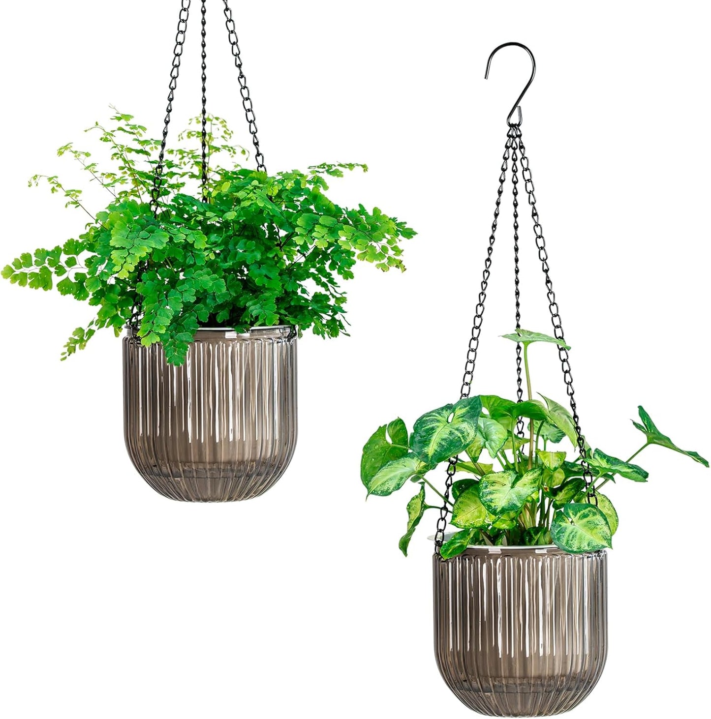 Melphoe 2 Pack Self Watering Hanging Planters Indoor Flower Pots, 6.5 Inch Outdoor Hanging Plant Basket, Hanger with 3Hooks Drainage Holes for Garden Home (Emerald + Gray)