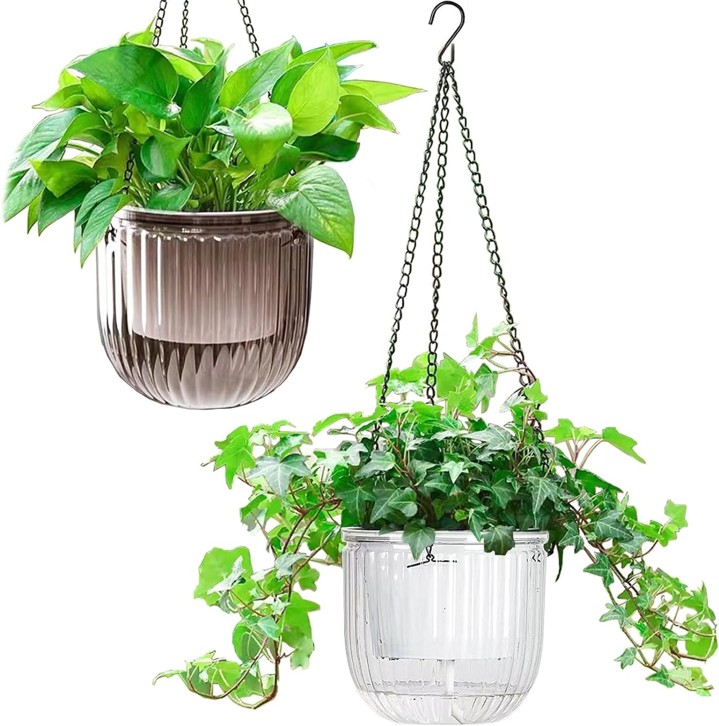 Melphoe 2 Pack Self Watering Hanging Planters Indoor Flower Pots, 6.5 Inch Outdoor Hanging Plant Basket, Hanger with 3Hooks Drainage Holes for Garden Home (Emerald + Gray)
