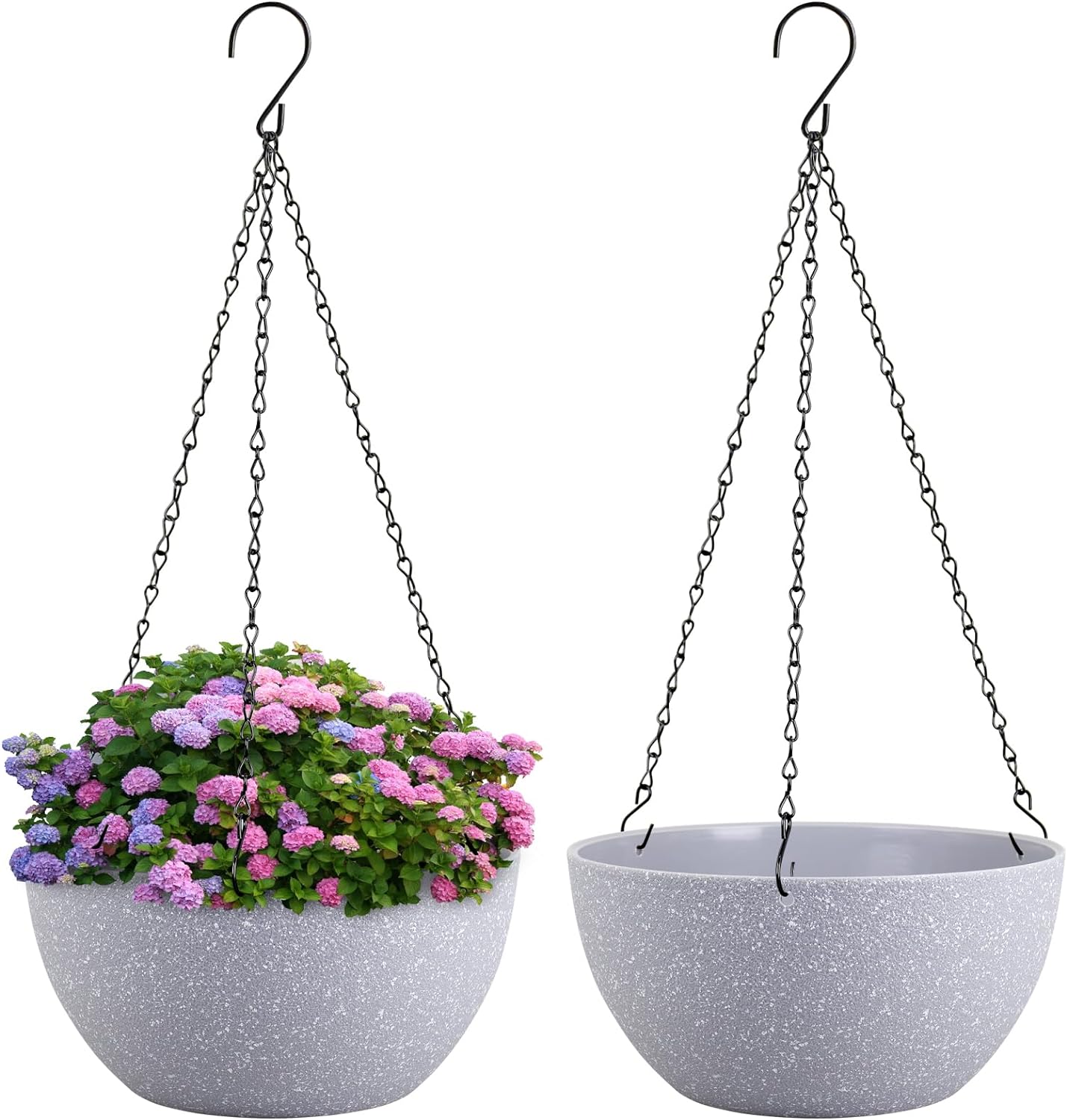 10 inch Hanging Planters for Indoor Outdoor Plants, 2 Pack Hanging Flower Pots with Drainage Holes and Chain for Garden Porch Plants, Round Plastic Hanging Baskets for House Plants, Black
