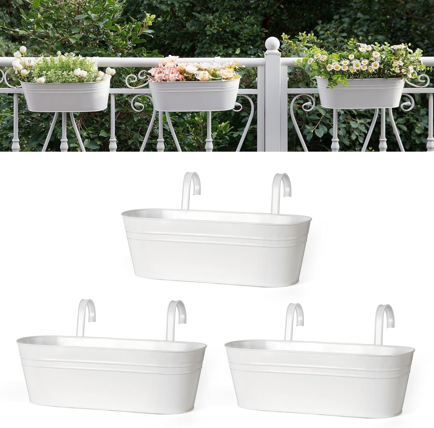 Dahey 3 Pcs Metal Hanging Flower Pots for Railing Fence Outdoor Planter 15.7 Inch Hanging Bucket Pots Countryside Window Flower Plant Holder with Detachable Hooks for Garden Yard Home Decor,Black