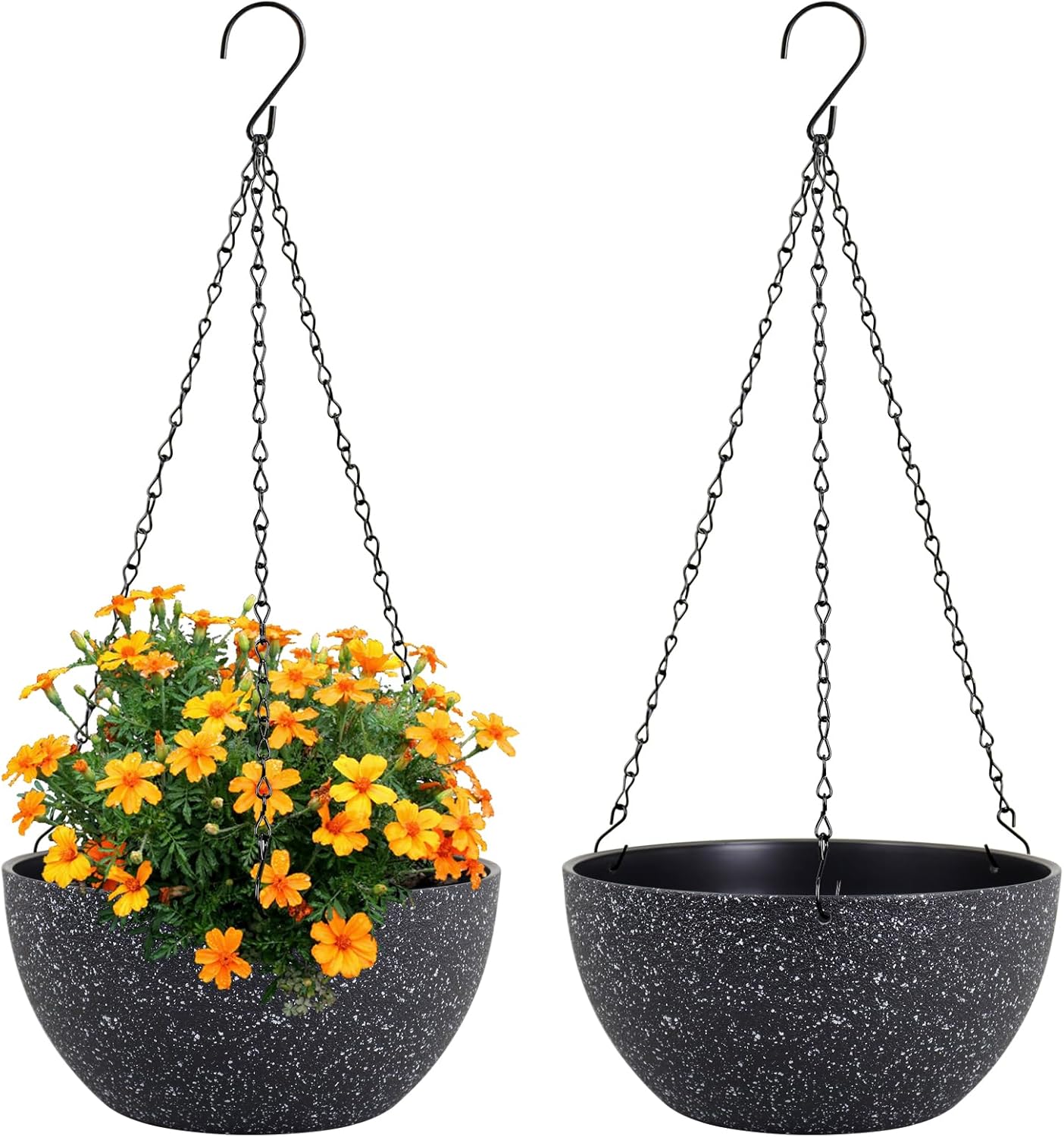 10 inch Hanging Planters for Indoor Outdoor Plants, 2 Pack Hanging Flower Pots with Drainage Holes and Chain for Garden Porch Plants, Round Plastic Hanging Baskets for House Plants, Black
