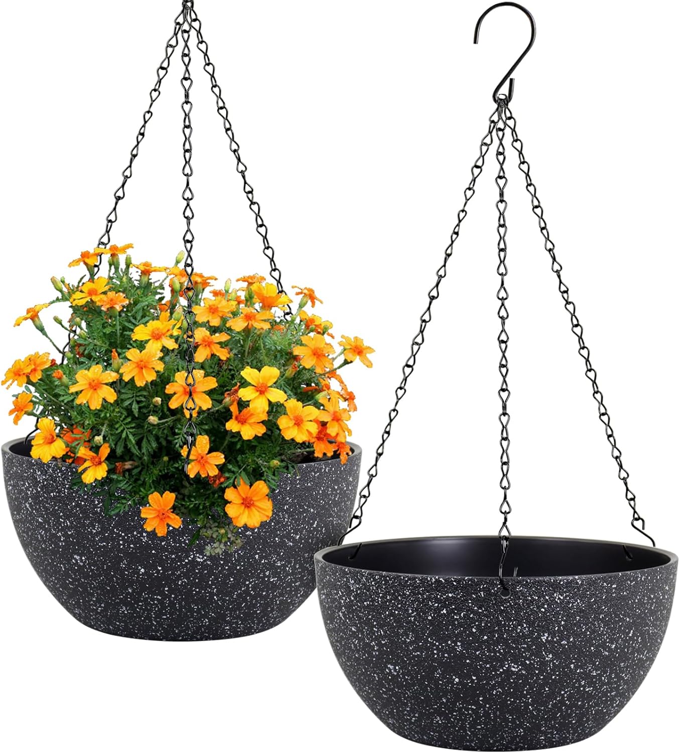 10 inch Hanging Planters for Indoor Outdoor Plants, 2 Pack Hanging Flower Pots with Drainage Holes and Chain for Garden Porch Plants, Round Plastic Hanging Baskets for House Plants, Black