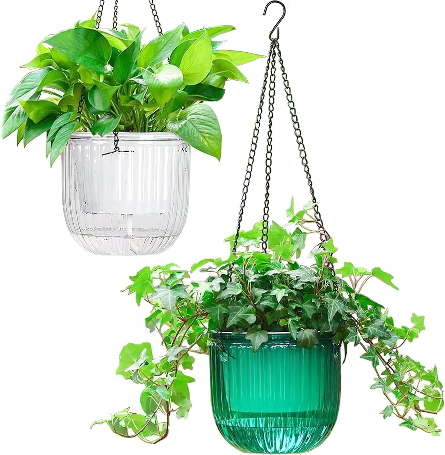 Melphoe 2 Pack Self Watering Hanging Planters Indoor Flower Pots, 6.5 Inch Outdoor Hanging Plant Basket, Hanger with 3Hooks Drainage Holes for Garden Home (Emerald + Gray)
