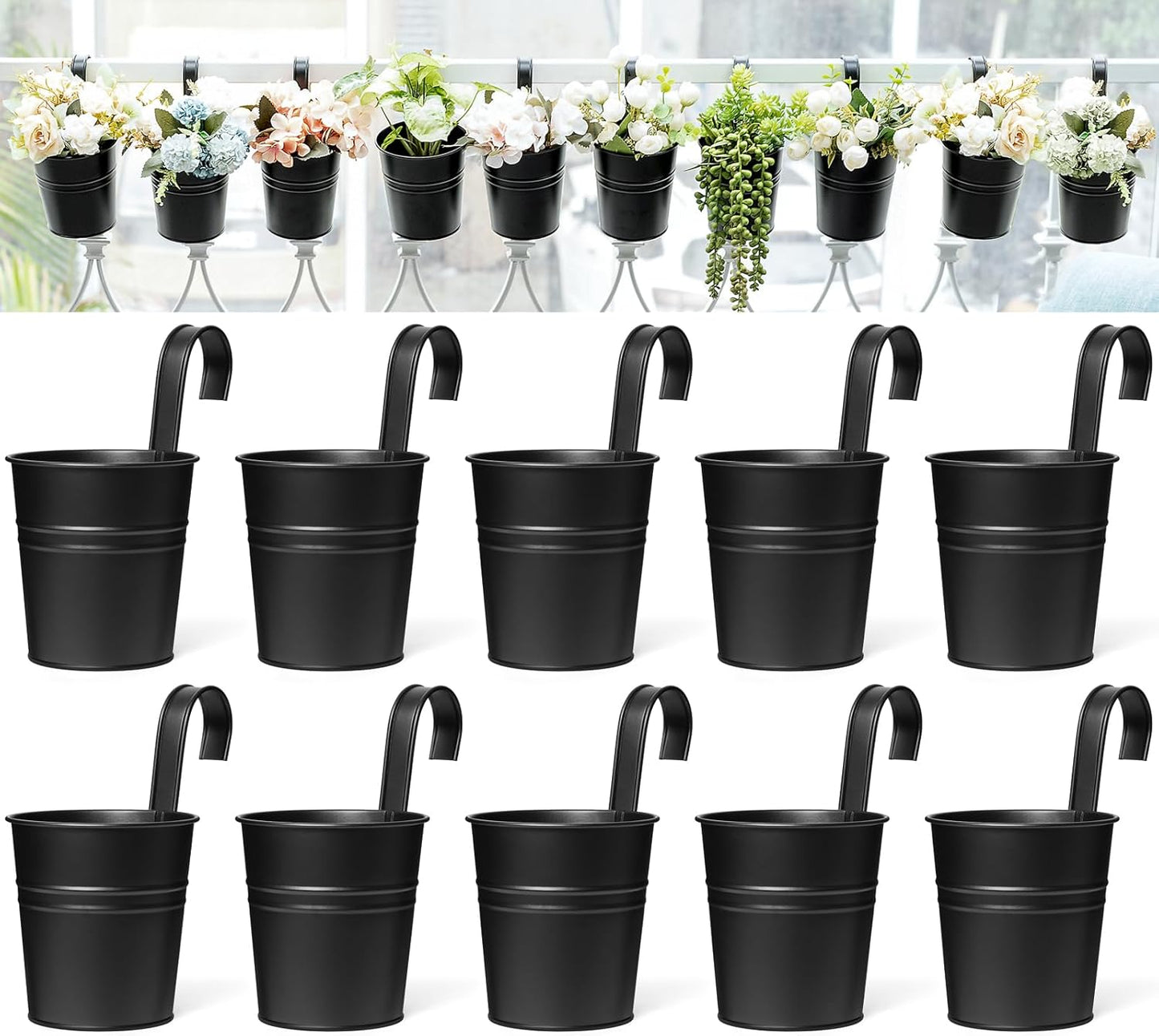 Dahey 10 Pcs Hanging Flower Pots Metal Iron Bucket Planter for Railing Fence Balcony Garden Home Decoration Flower Holders with Detachable Hooks, Black, 4 Inches