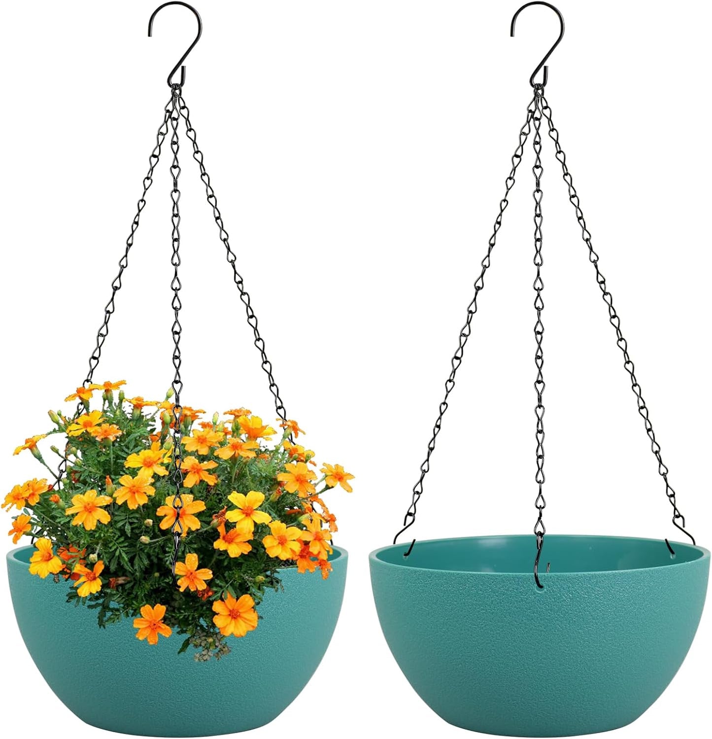 10 inch Hanging Planters for Indoor Outdoor Plants, 2 Pack Hanging Flower Pots with Drainage Holes and Chain for Garden Porch Plants, Round Plastic Hanging Baskets for House Plants, Black