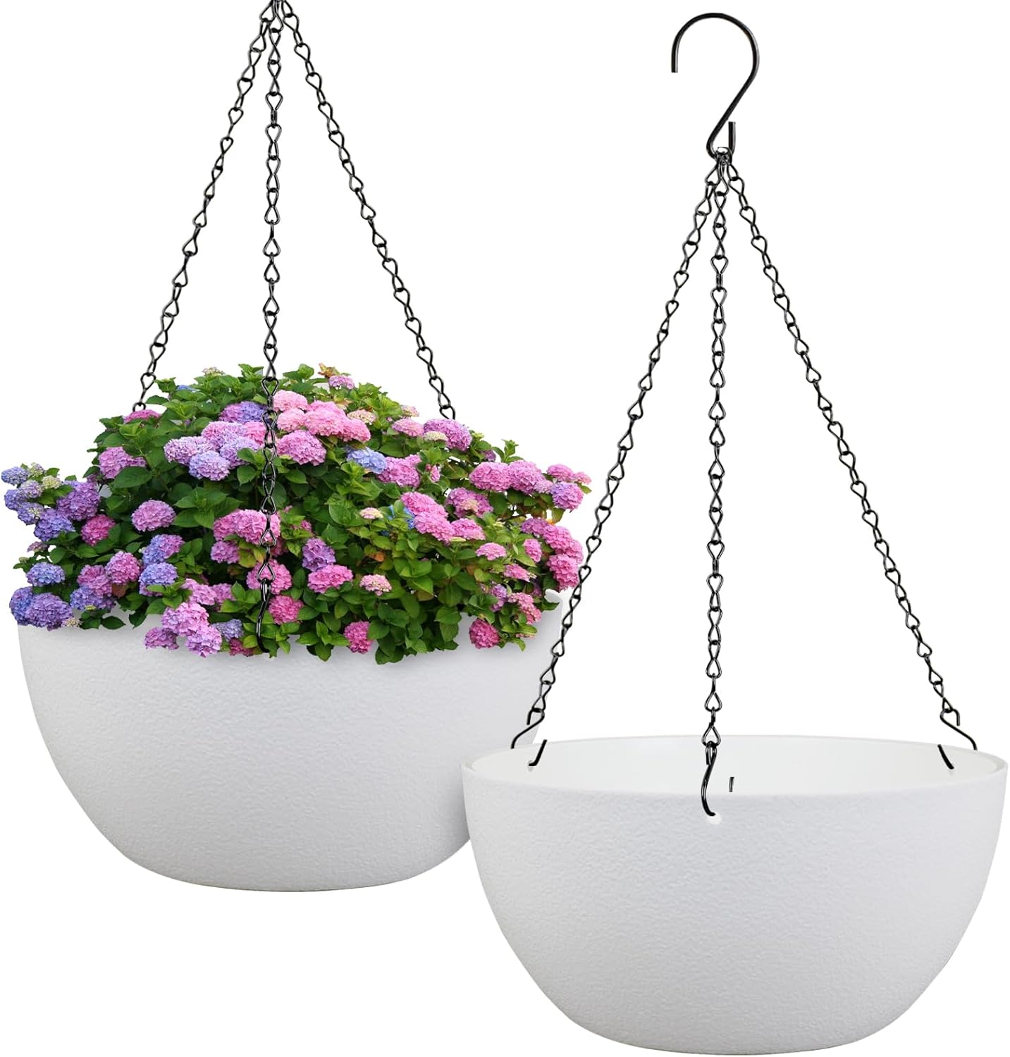 10 inch Hanging Planters for Indoor Outdoor Plants, 2 Pack Hanging Flower Pots with Drainage Holes and Chain for Garden Porch Plants, Round Plastic Hanging Baskets for House Plants, Black