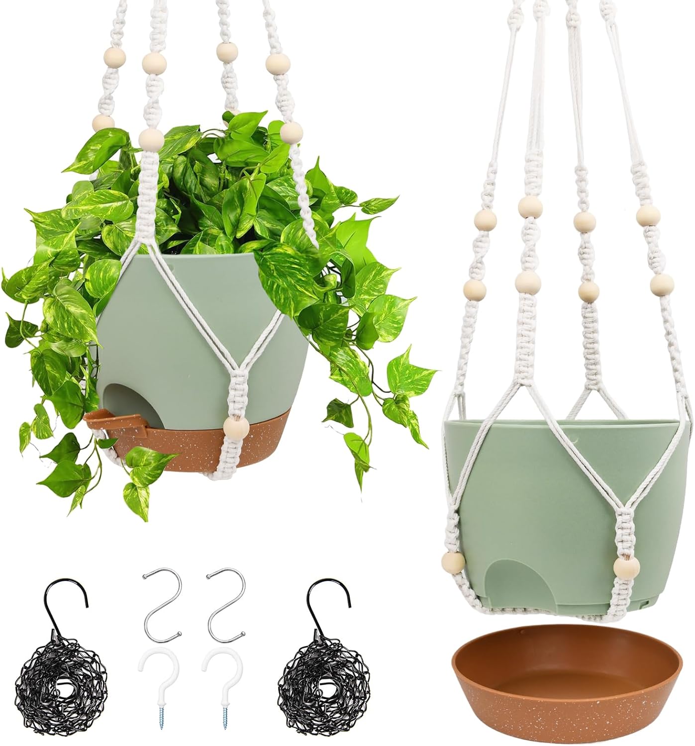 Hanging Planters for Indoor Outdoor Plants, 2 Pack Self Watering Hanging Pot with Drainage Holes & Removable Tray (White, 8'')