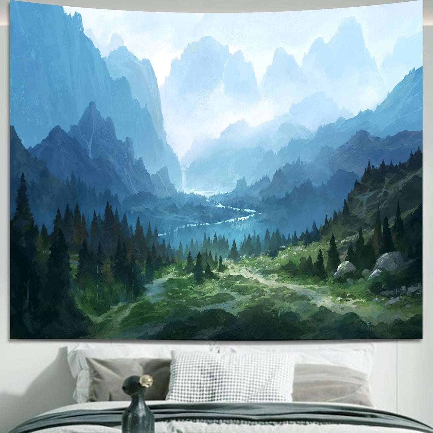 Apdidl Large Forest Tapestry for Bedroom Aesthetic 90'' X 71'' Foggy Mountain Tree Nature Wall Mural Tapestry Landscape Backdrop Green Woodland Scenery Wall Hanging for Living Room Ceiling Decor