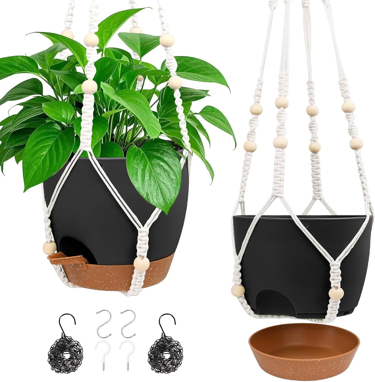 Hanging Planters for Indoor Outdoor Plants, 2 Pack Self Watering Hanging Pot with Drainage Holes & Removable Tray (White, 8'')