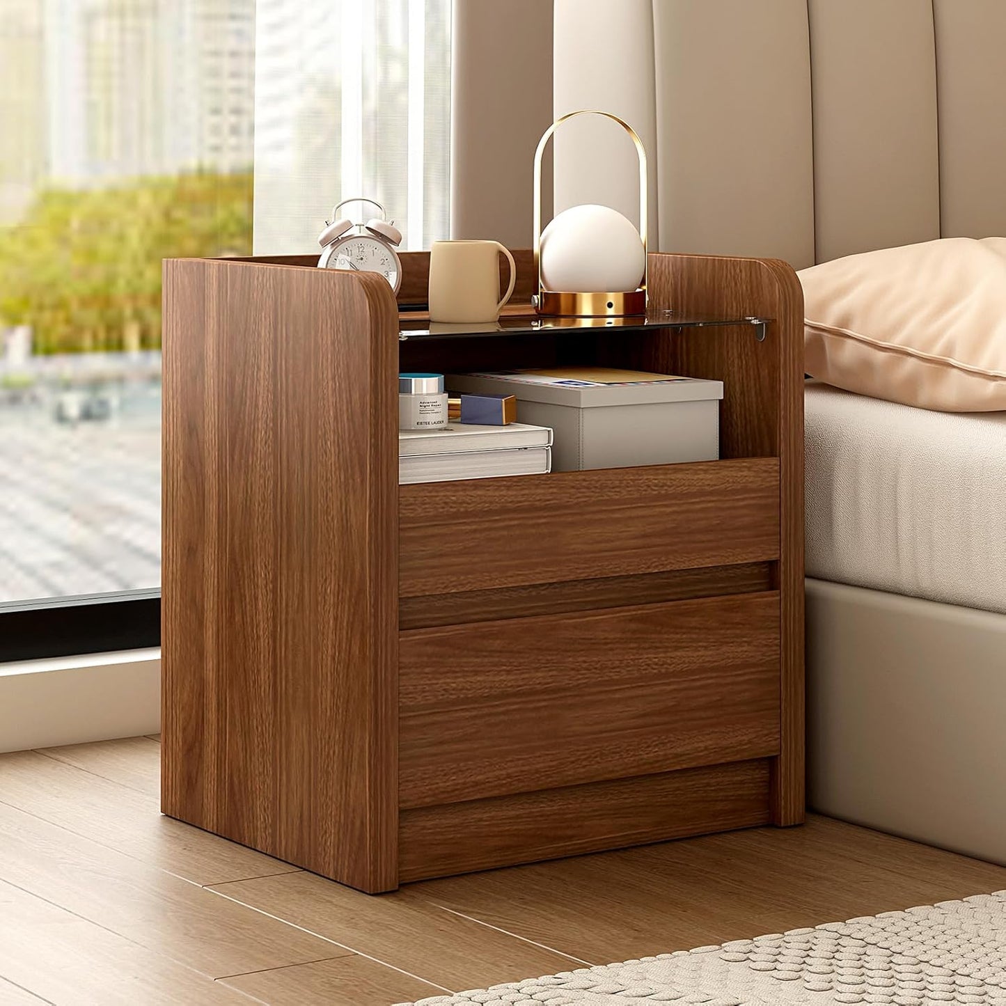 Walnut Nightstand Set of 2 with Charging Station, 21 Inch Wide Night Stand with Drawers, Modern Bedroom Bedside End Table with Round Corners Anti-Collision Design for Dorm, Sofa, Office