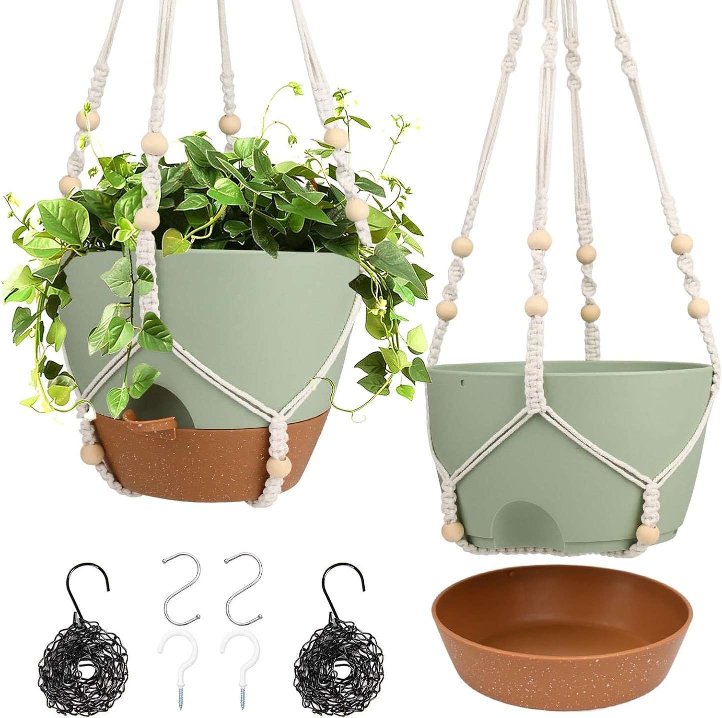 Hanging Planters for Indoor Outdoor Plants, 2 Pack Self Watering Hanging Pot with Drainage Holes & Removable Tray (White, 8'')