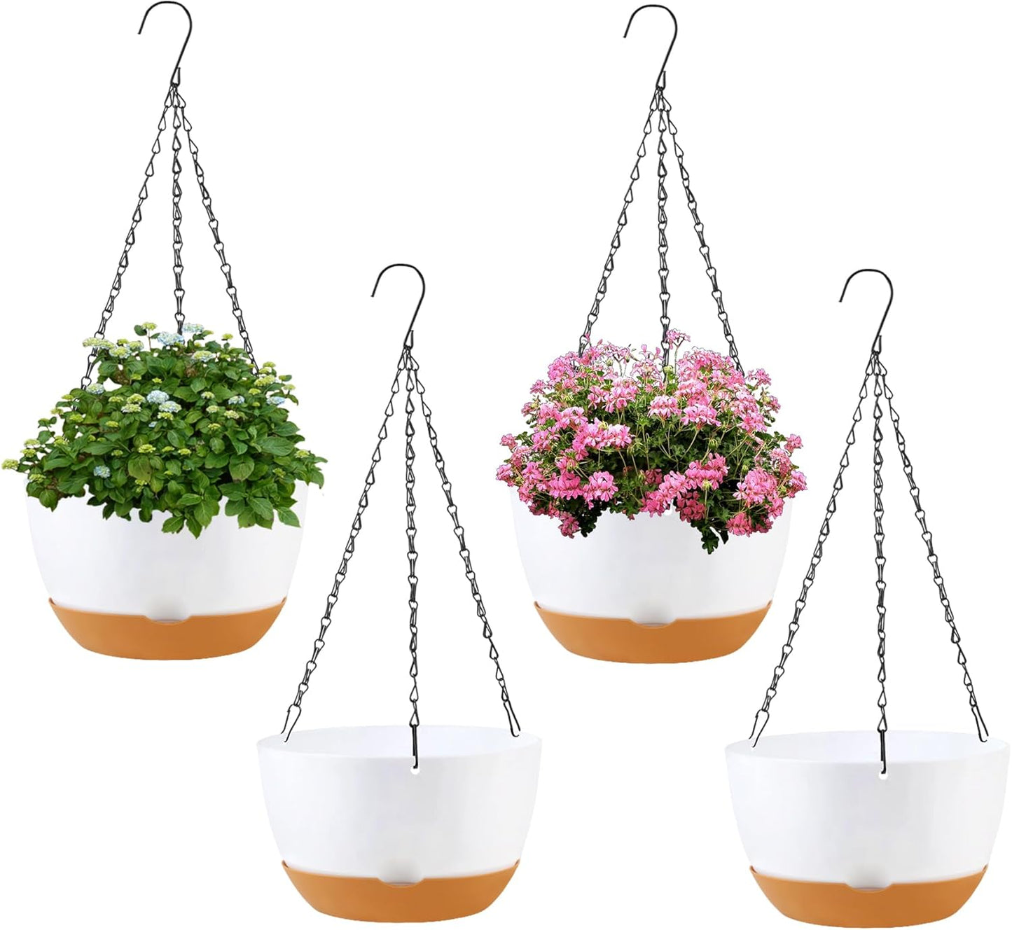 4 Pack Hanging Planter for Plants Indoor,8 Inch Plant Pot Outdoor Plastic Hanging Baskets with Drainage Holes and Chain for Garden Porch Plants(White+Black+Green+Beige)