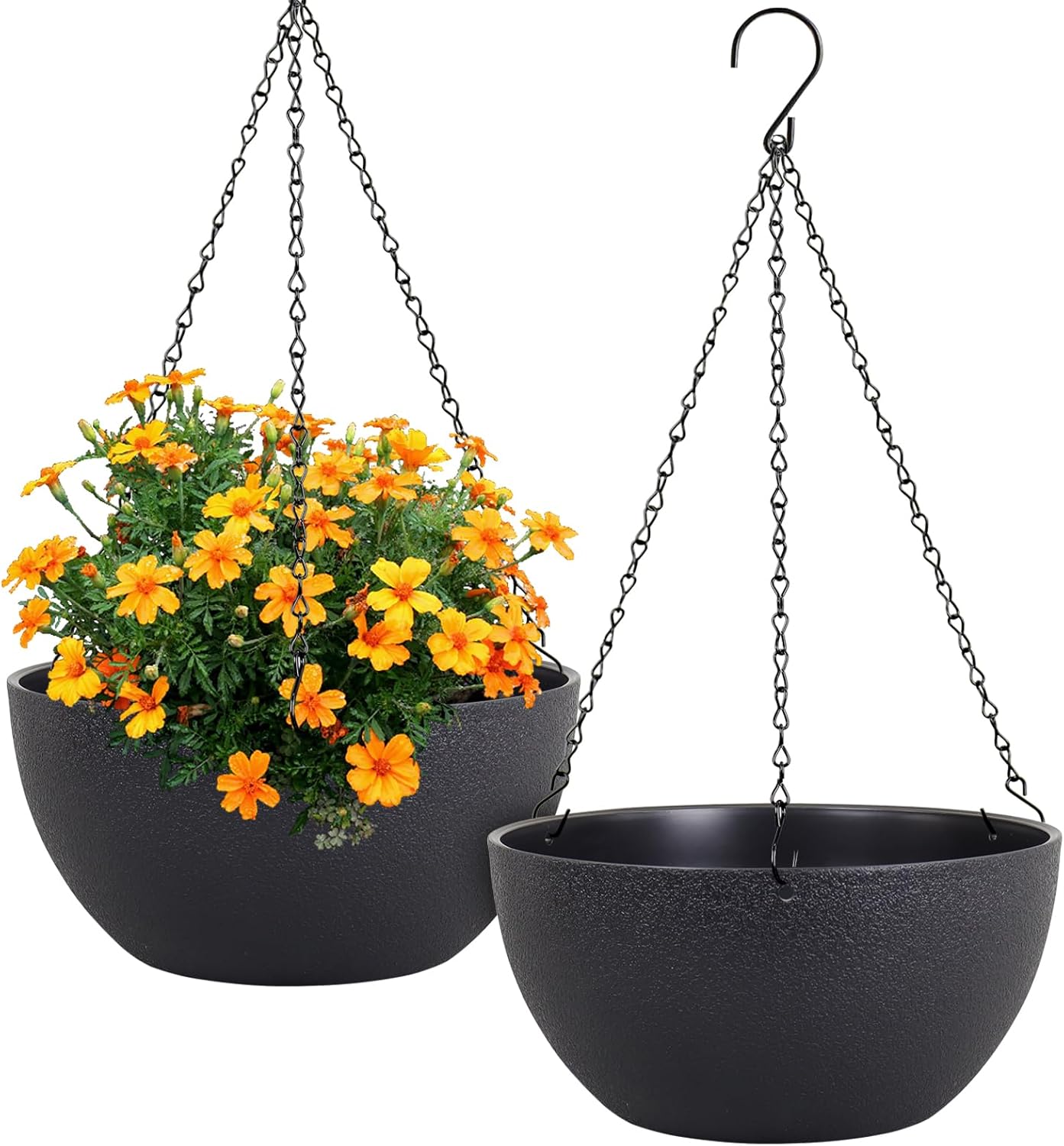 10 inch Hanging Planters for Indoor Outdoor Plants, 2 Pack Hanging Flower Pots with Drainage Holes and Chain for Garden Porch Plants, Round Plastic Hanging Baskets for House Plants, Black