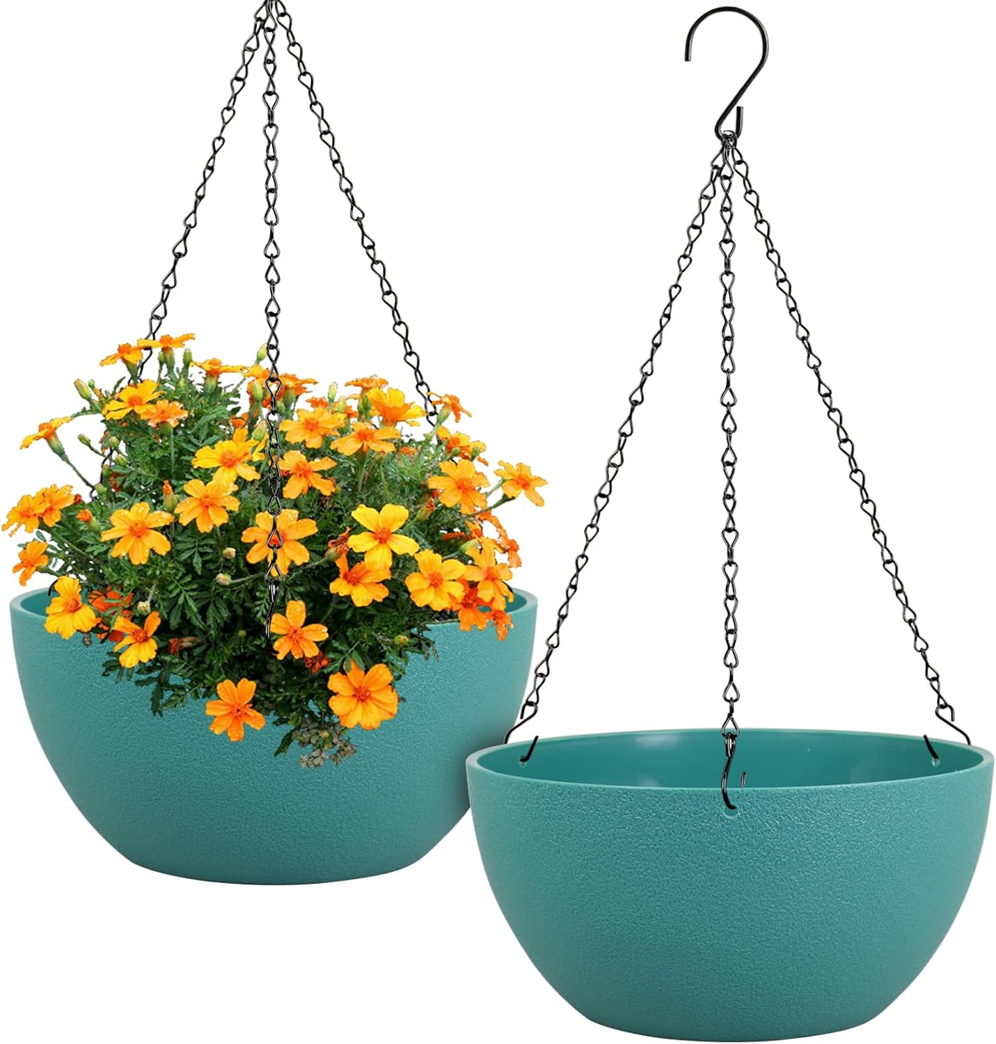 10 inch Hanging Planters for Indoor Outdoor Plants, 2 Pack Hanging Flower Pots with Drainage Holes and Chain for Garden Porch Plants, Round Plastic Hanging Baskets for House Plants, Black