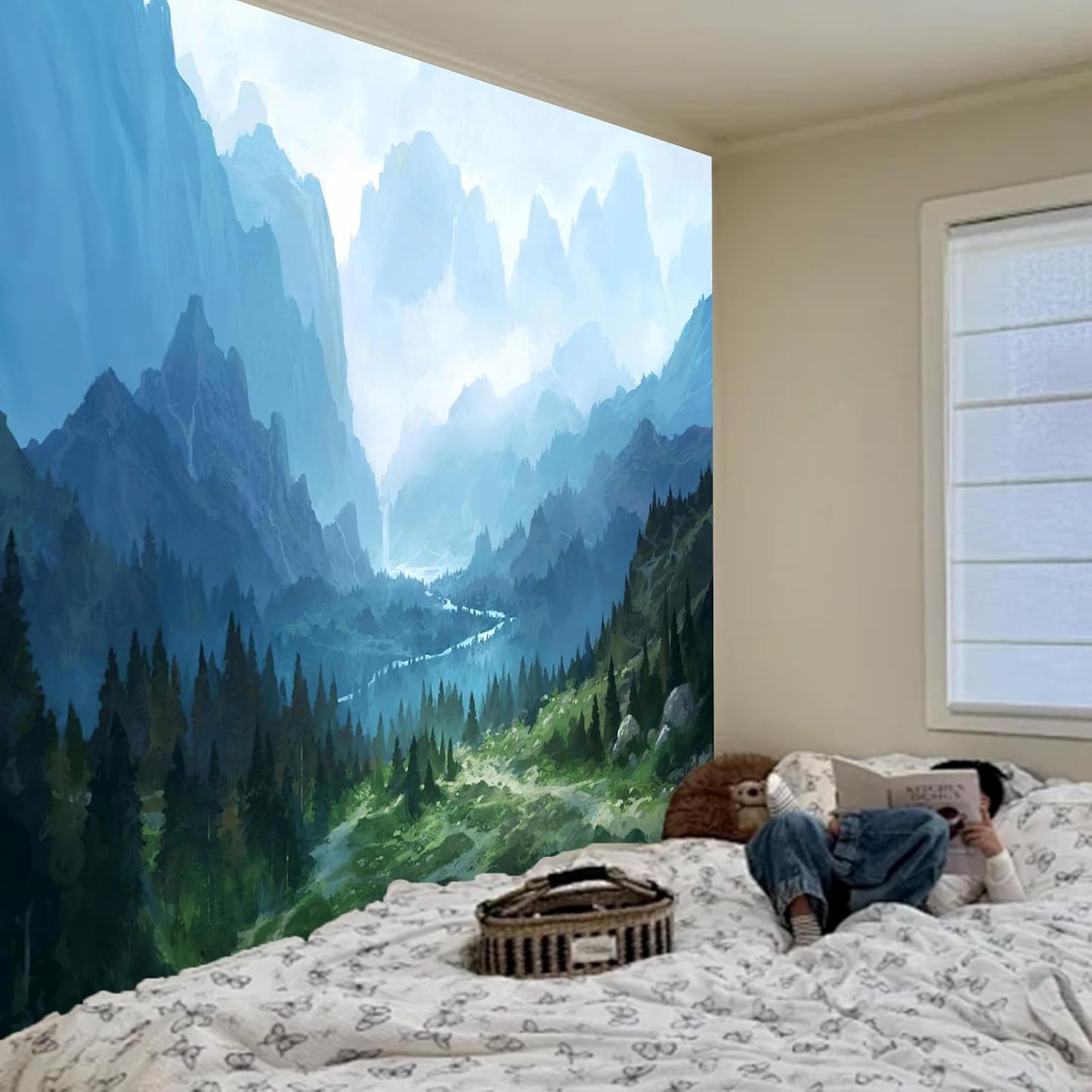 Apdidl Large Forest Tapestry for Bedroom Aesthetic 90'' X 71'' Foggy Mountain Tree Nature Wall Mural Tapestry Landscape Backdrop Green Woodland Scenery Wall Hanging for Living Room Ceiling Decor