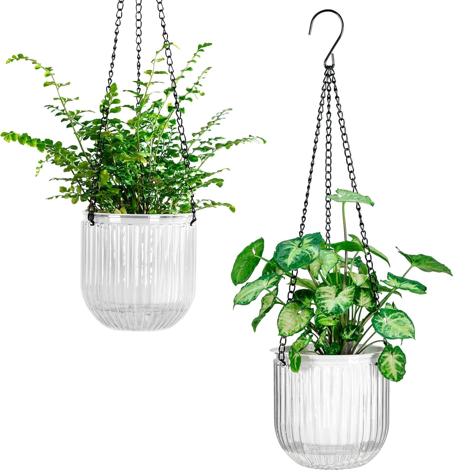 Melphoe 2 Pack Self Watering Hanging Planters Indoor Flower Pots, 6.5 Inch Outdoor Hanging Plant Basket, Hanger with 3Hooks Drainage Holes for Garden Home (Emerald + Gray)