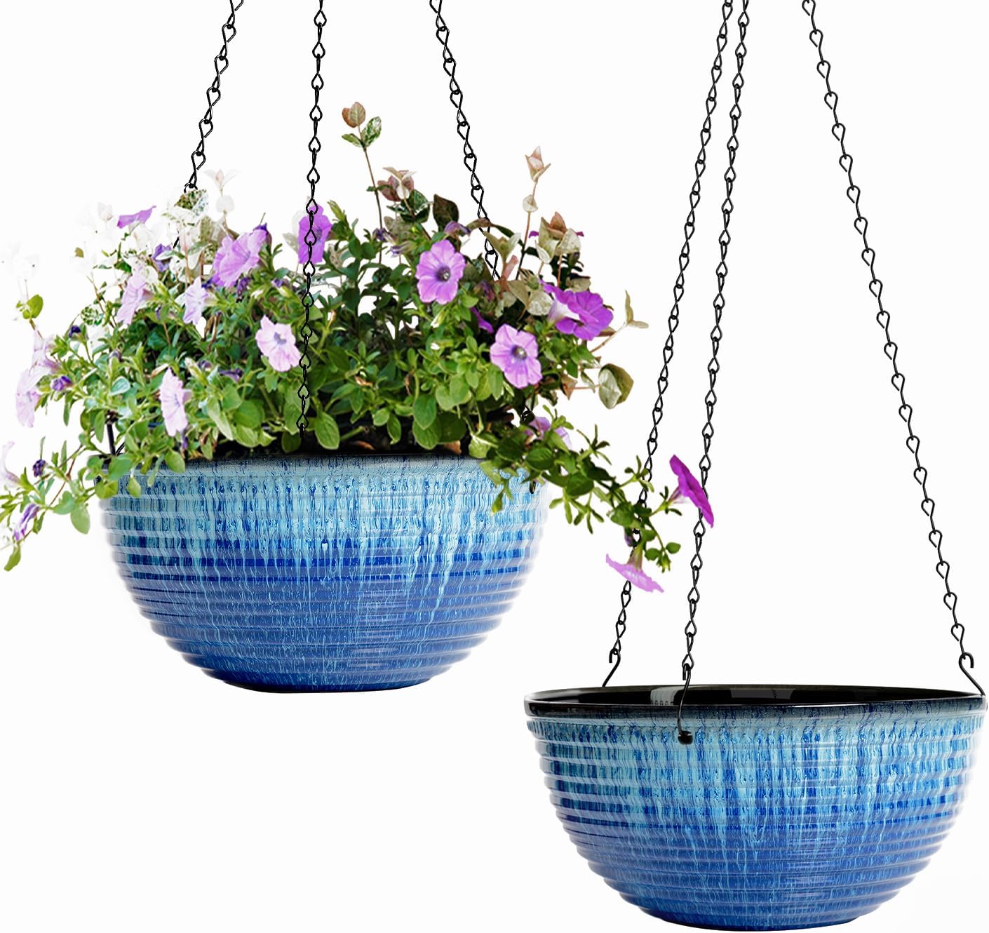 2 Pack Hanging Planters for Indoor Outdoor Plants, 10 Inch Hanging Planter with Drainage Hole & Plug Glazed Hanging Baskets Flower Pots for Garden Home (Blue)