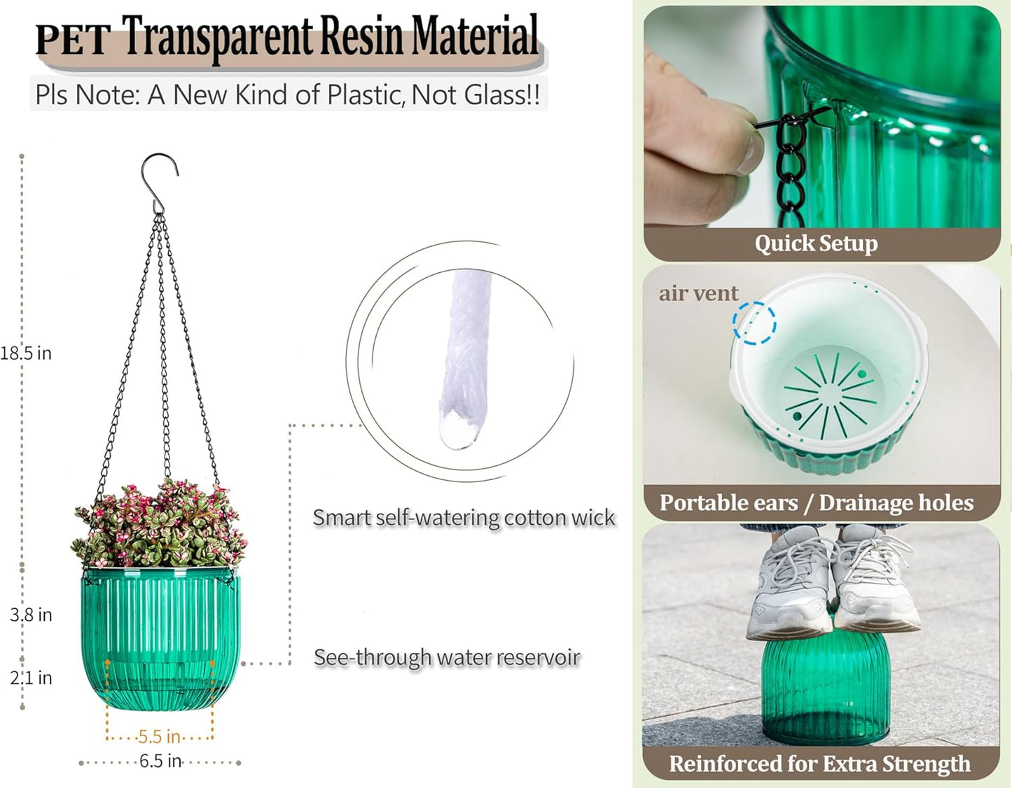 Melphoe 2 Pack Self Watering Hanging Planters Indoor Flower Pots, 6.5 Inch Outdoor Hanging Plant Basket, Hanger with 3Hooks Drainage Holes for Garden Home (Emerald + Gray)