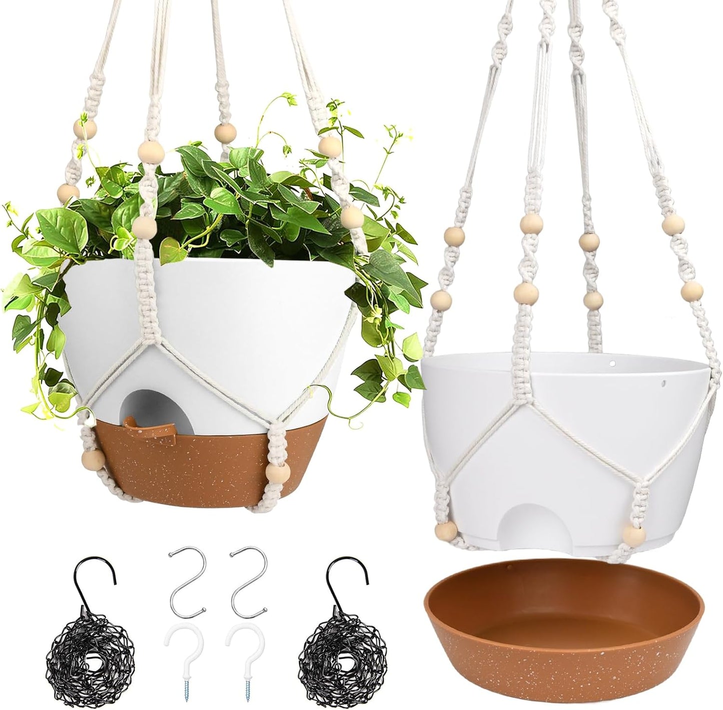 Hanging Planters for Indoor Outdoor Plants, 2 Pack Self Watering Hanging Pot with Drainage Holes & Removable Tray (White, 8'')