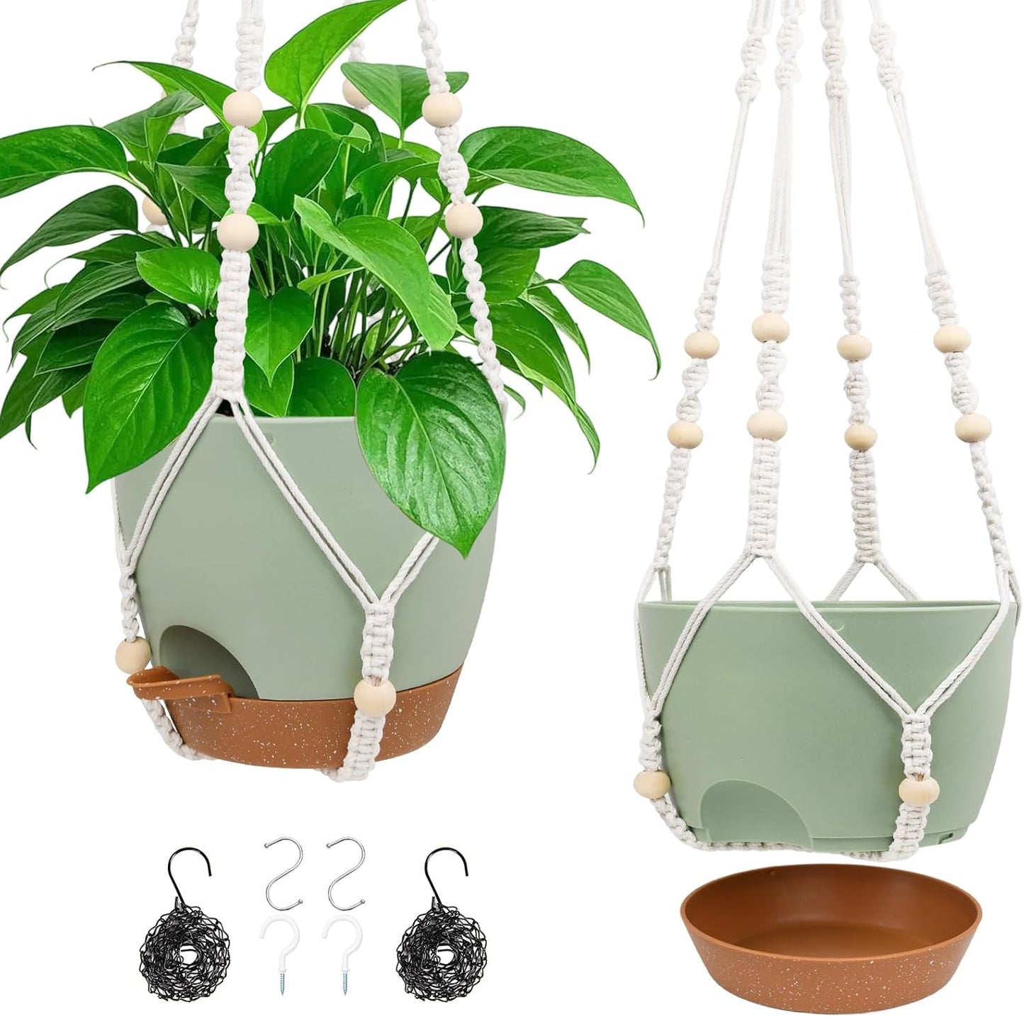 Hanging Planters for Indoor Outdoor Plants, 2 Pack Self Watering Hanging Pot with Drainage Holes & Removable Tray (White, 8'')