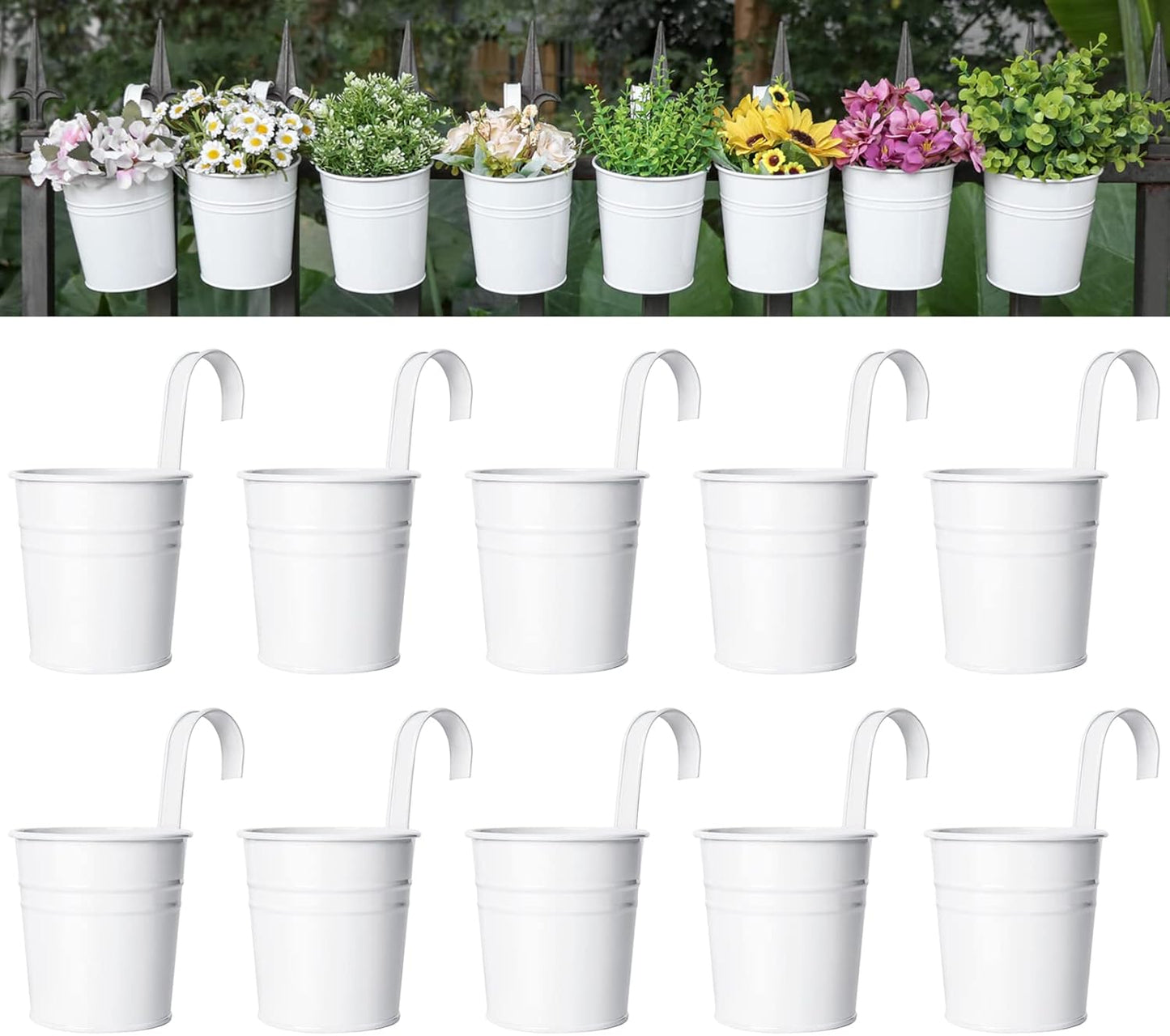 Dahey 10 Pcs Hanging Flower Pots Metal Iron Bucket Planter for Railing Fence Balcony Garden Home Decoration Flower Holders with Detachable Hooks, Black, 4 Inches