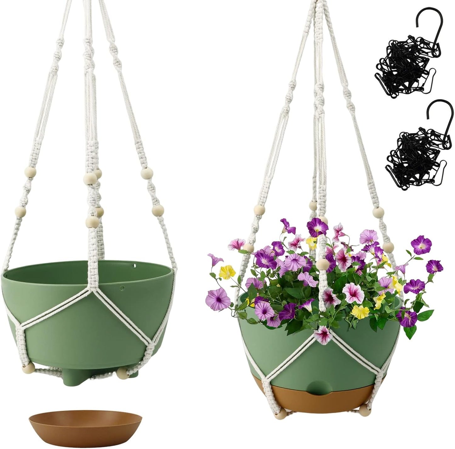 Hanging Planter Self Watering 10 Inch, 2 Pack Indoor Outdoor Hanging Baskets, Hanging Flower Pots with Drainage Hole & 2 Kinds of Plant Hangers for Garden Home Decor(Cream)…