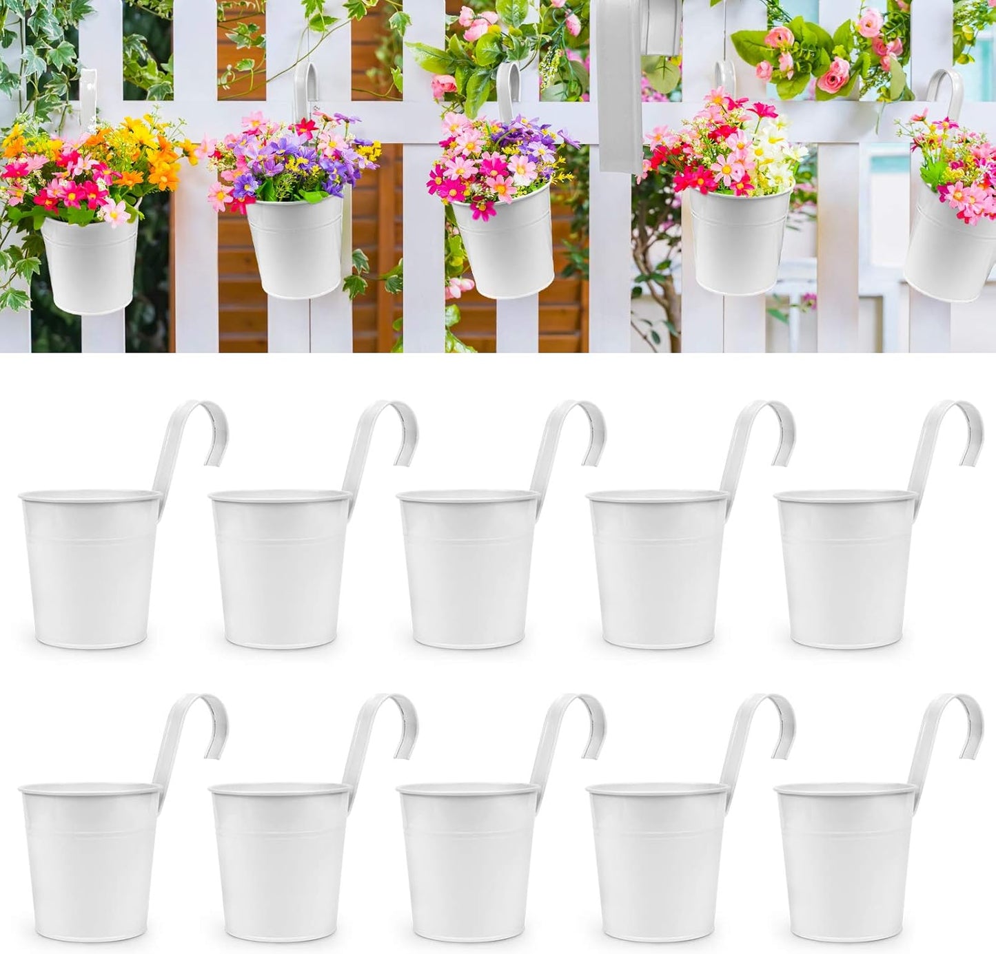 OGIMA 4pcs Hanging Flower Pots, Metal Iron Wall Planter Indoor/Outdoor for Railing Fence Balcony Garden Home Decoration with Detachable Hooks