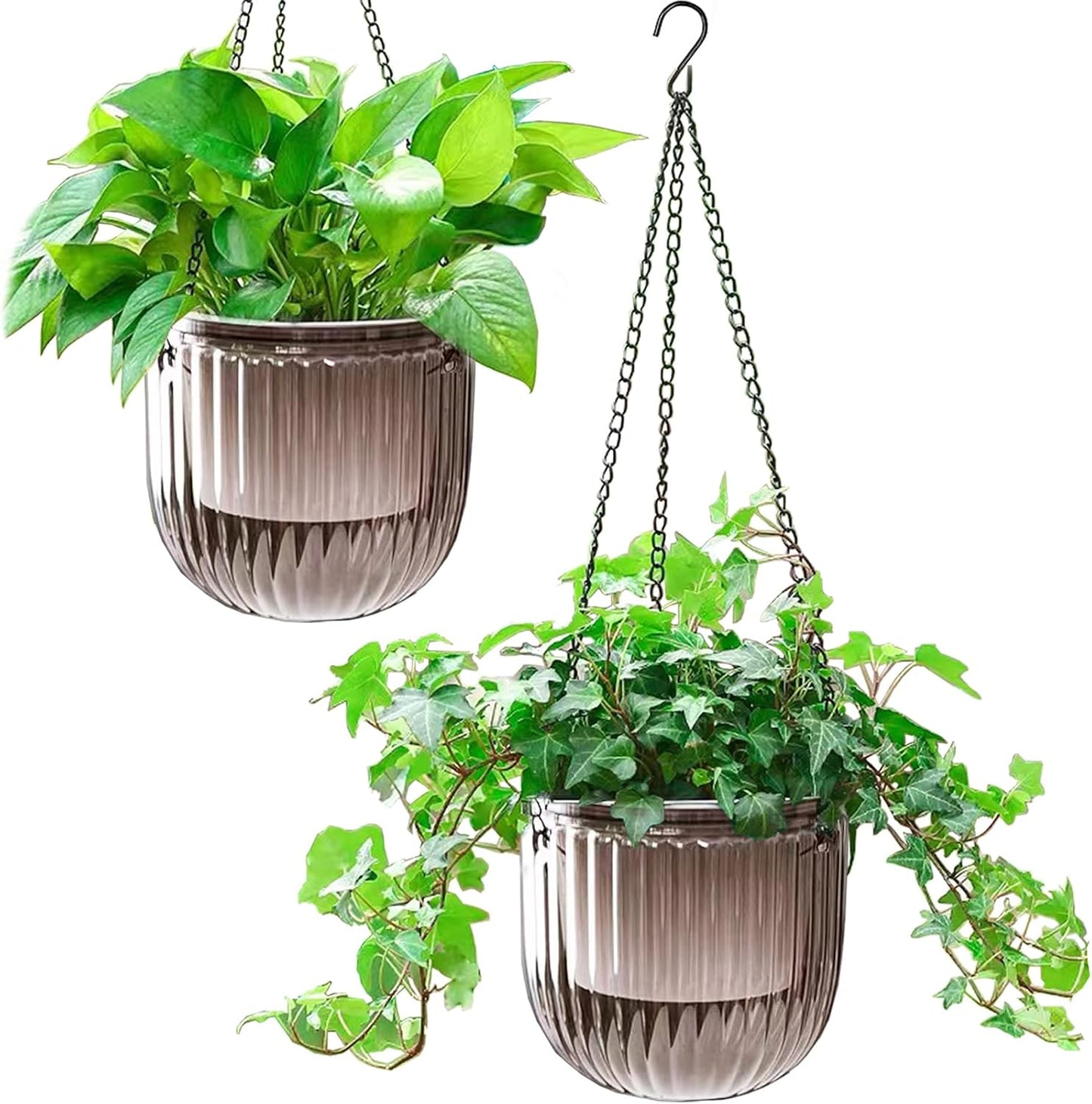 Melphoe 2 Pack Self Watering Hanging Planters Indoor Flower Pots, 6.5 Inch Outdoor Hanging Plant Basket, Hanger with 3Hooks Drainage Holes for Garden Home (Emerald + Gray)