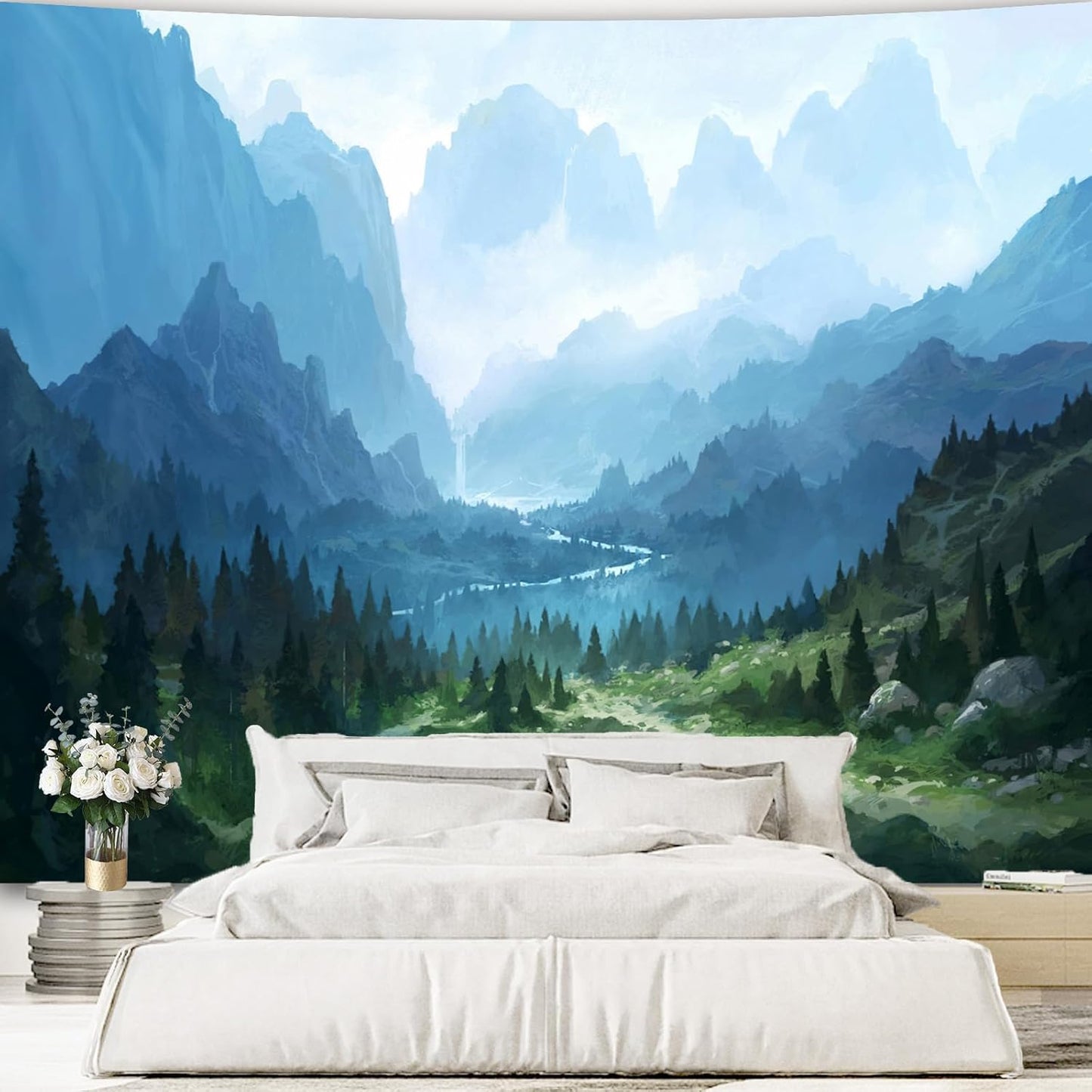 Apdidl Large Forest Tapestry for Bedroom Aesthetic 90'' X 71'' Foggy Mountain Tree Nature Wall Mural Tapestry Landscape Backdrop Green Woodland Scenery Wall Hanging for Living Room Ceiling Decor