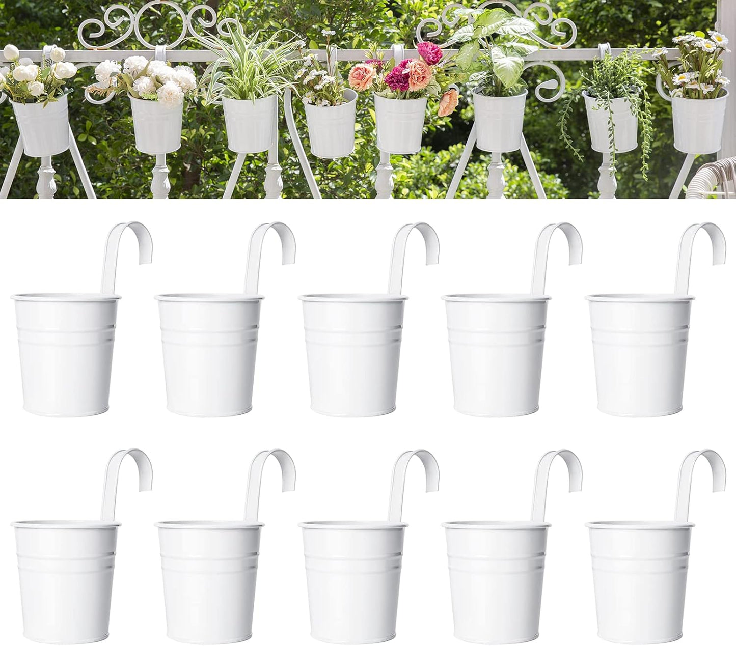 Dahey 10 Pcs Hanging Flower Pots Metal Iron Bucket Planter for Railing Fence Balcony Garden Home Decoration Flower Holders with Detachable Hooks, Black, 4 Inches