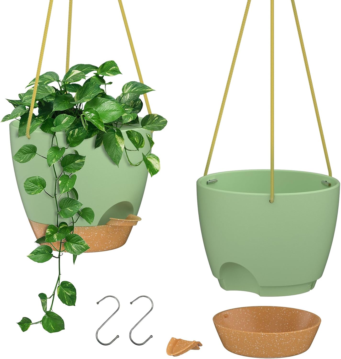 ZMTECH 8 Inch Hanging Planters for Indoor Outdoor Plants, 2 Pack Self Watering Hanging Plant Pots with Drainage Holes and Removable Saucer, Plastic Flower Hanging Pots with Watering Lip (Black)