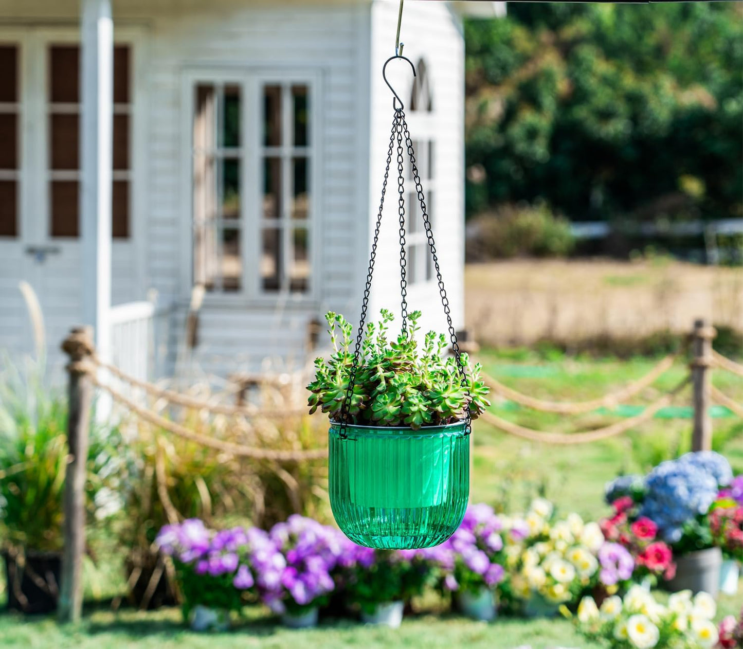 Melphoe 2 Pack Self Watering Hanging Planters Indoor Flower Pots, 6.5 Inch Outdoor Hanging Plant Basket, Hanger with 3Hooks Drainage Holes for Garden Home (Emerald + Gray)
