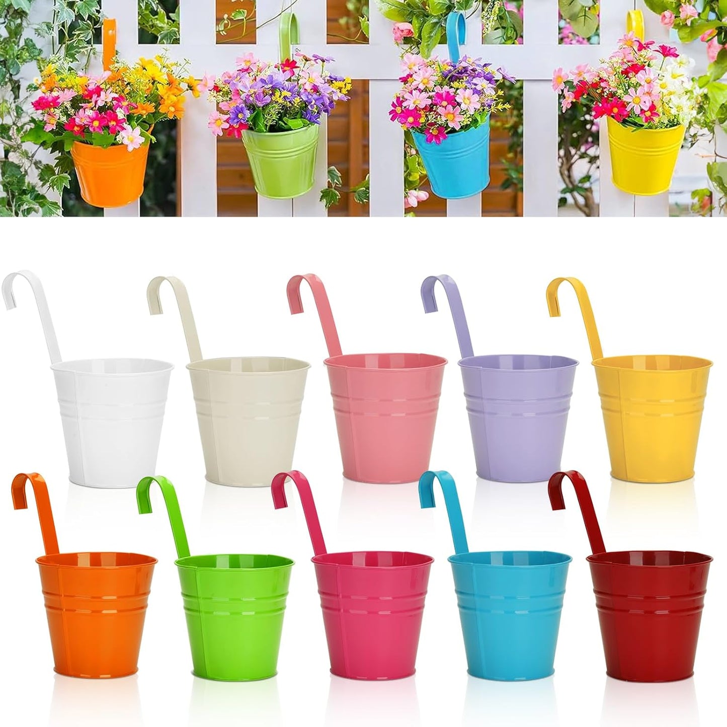 KINGLAKE Flower Pots,10 Pcs Metal Iron Hanging Flower Plant Pots Balcony Garden Plant Planter Baskets Fence Bucket Pot 4'' Flower Holders with Detachable Hook