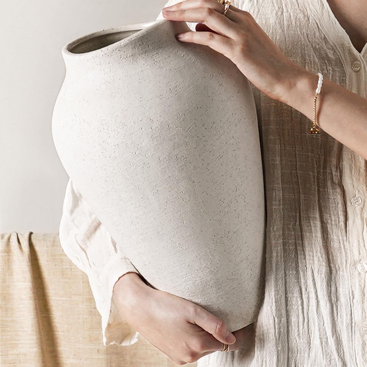 White Ceramic Vase - Large 13.6 Inch Tall Floor Vase for Centerpieces, Farmhouse Rustic Minimalist Home Decor for Living Room, Enterway, Wedding (Sandstone White)