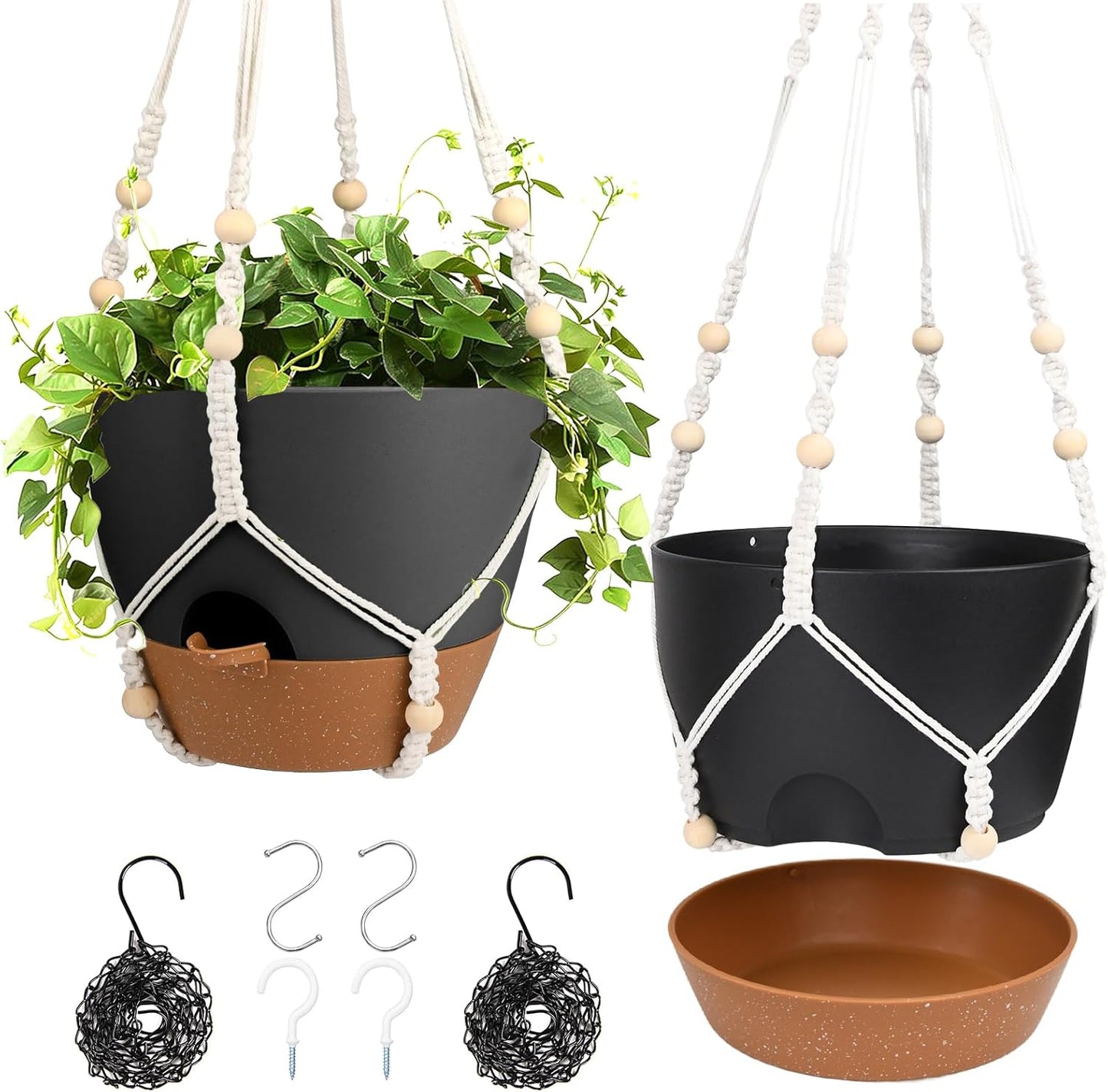 Hanging Planters for Indoor Outdoor Plants, 2 Pack Self Watering Hanging Pot with Drainage Holes & Removable Tray (White, 8'')