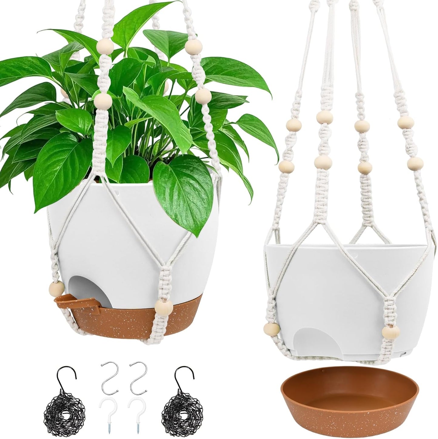 Hanging Planters for Indoor Outdoor Plants, 2 Pack Self Watering Hanging Pot with Drainage Holes & Removable Tray (White, 8'')
