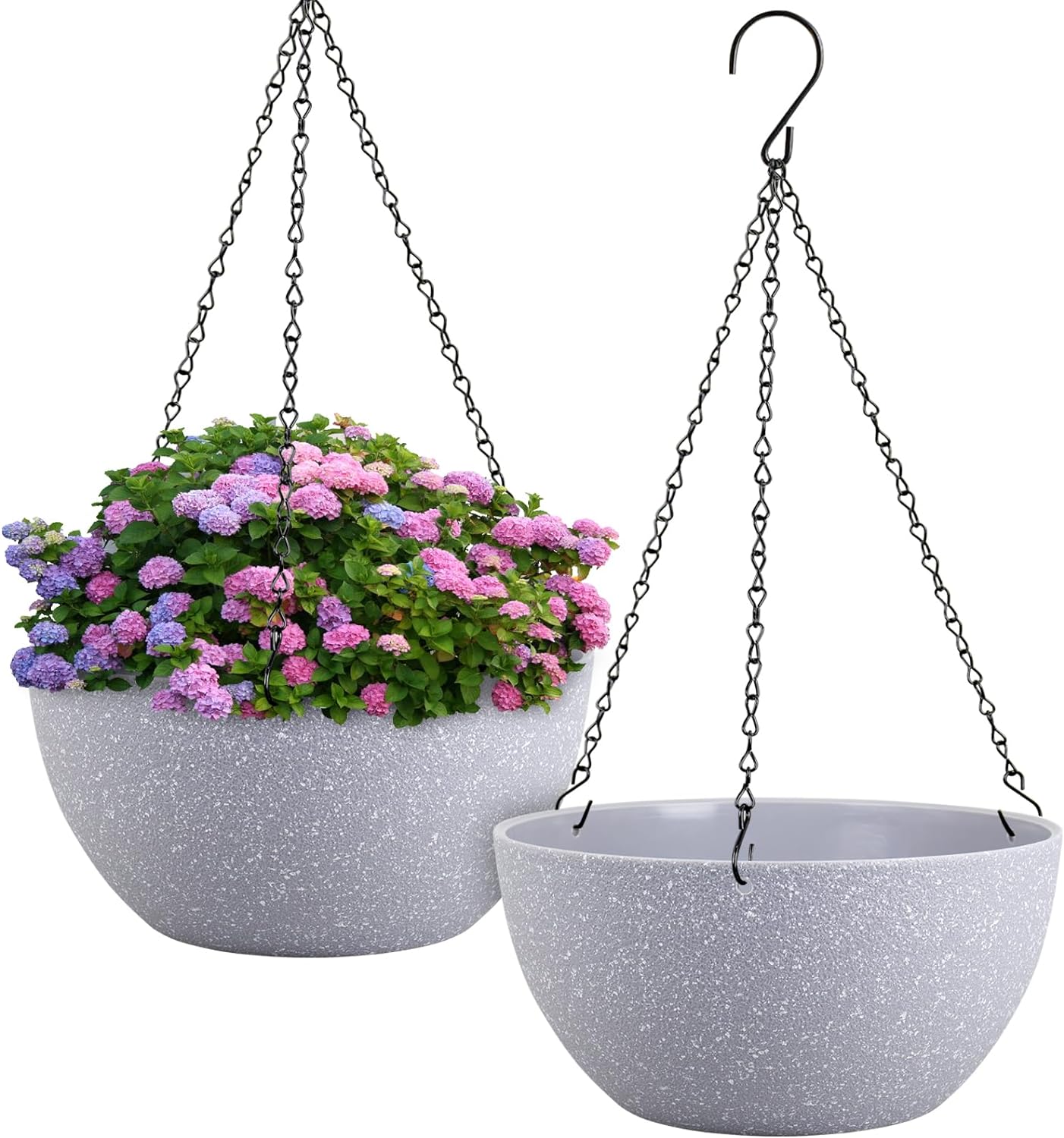 10 inch Hanging Planters for Indoor Outdoor Plants, 2 Pack Hanging Flower Pots with Drainage Holes and Chain for Garden Porch Plants, Round Plastic Hanging Baskets for House Plants, Black
