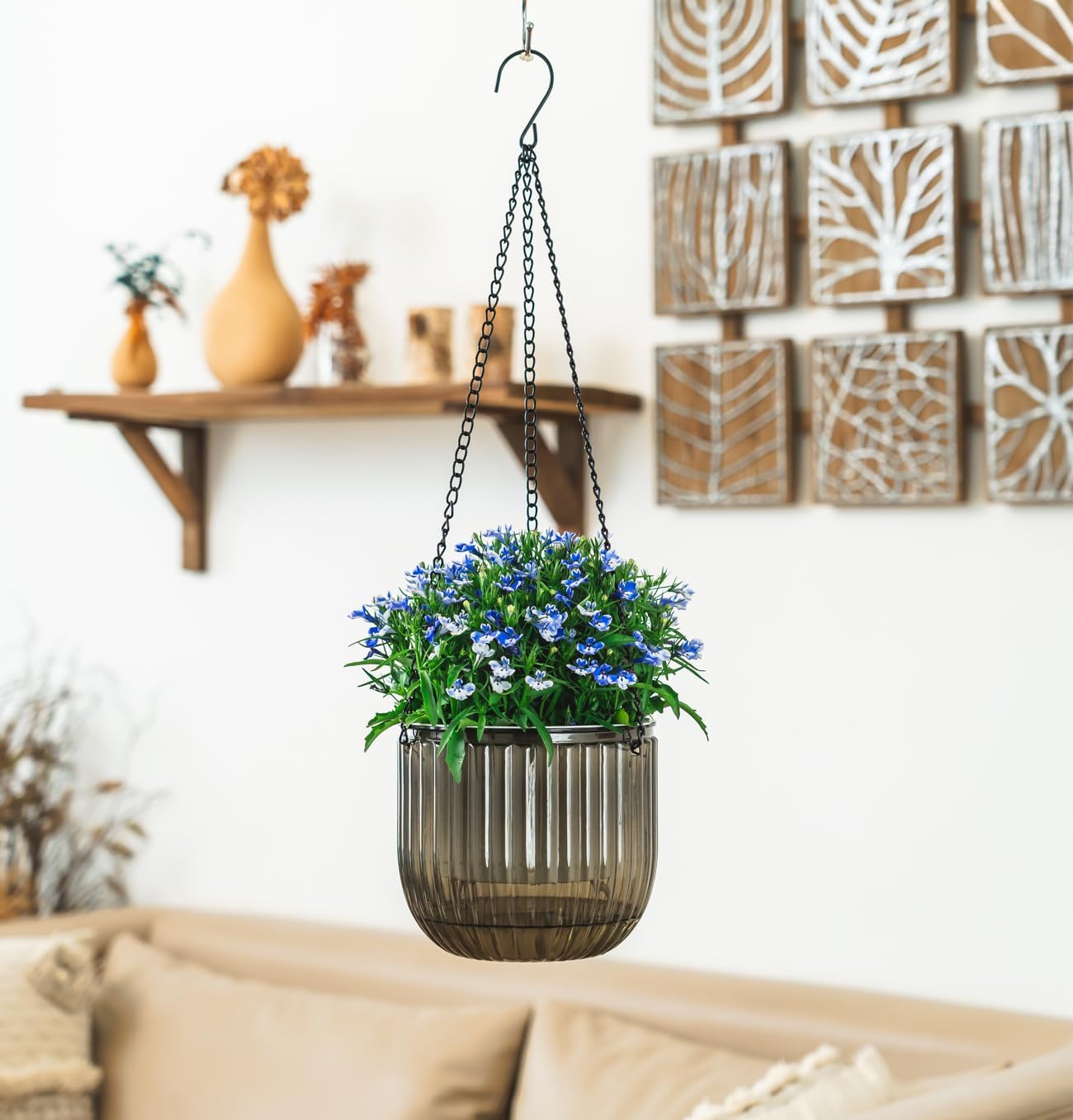 Melphoe 2 Pack Self Watering Hanging Planters Indoor Flower Pots, 6.5 Inch Outdoor Hanging Plant Basket, Hanger with 3Hooks Drainage Holes for Garden Home (Emerald + Gray)