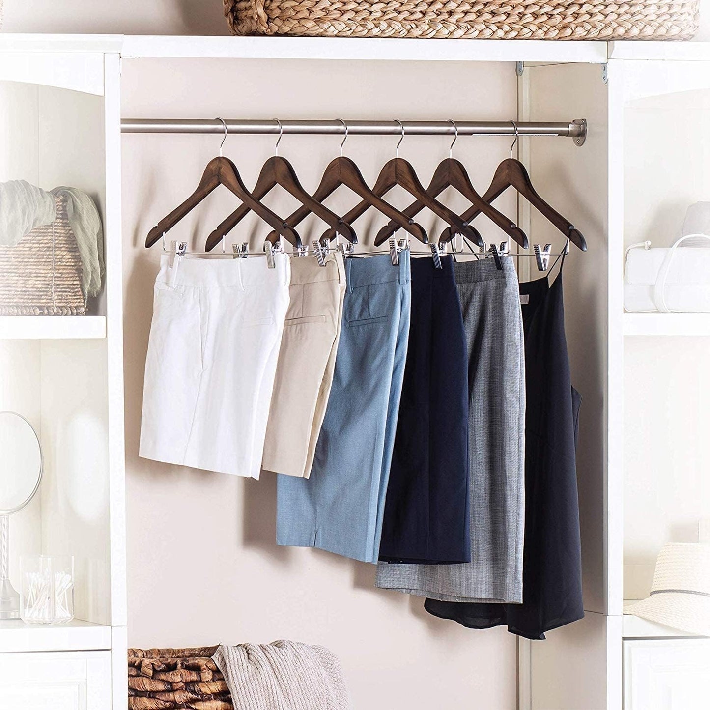 20 Pack Wooden Hangers with Clips High-Grade Wooden Suit Hangers Skirt Hangers with Clips S Wood Hanger with Durable Metal Clips for Blouse, Dress, Coat, Jacket (Natural,20)