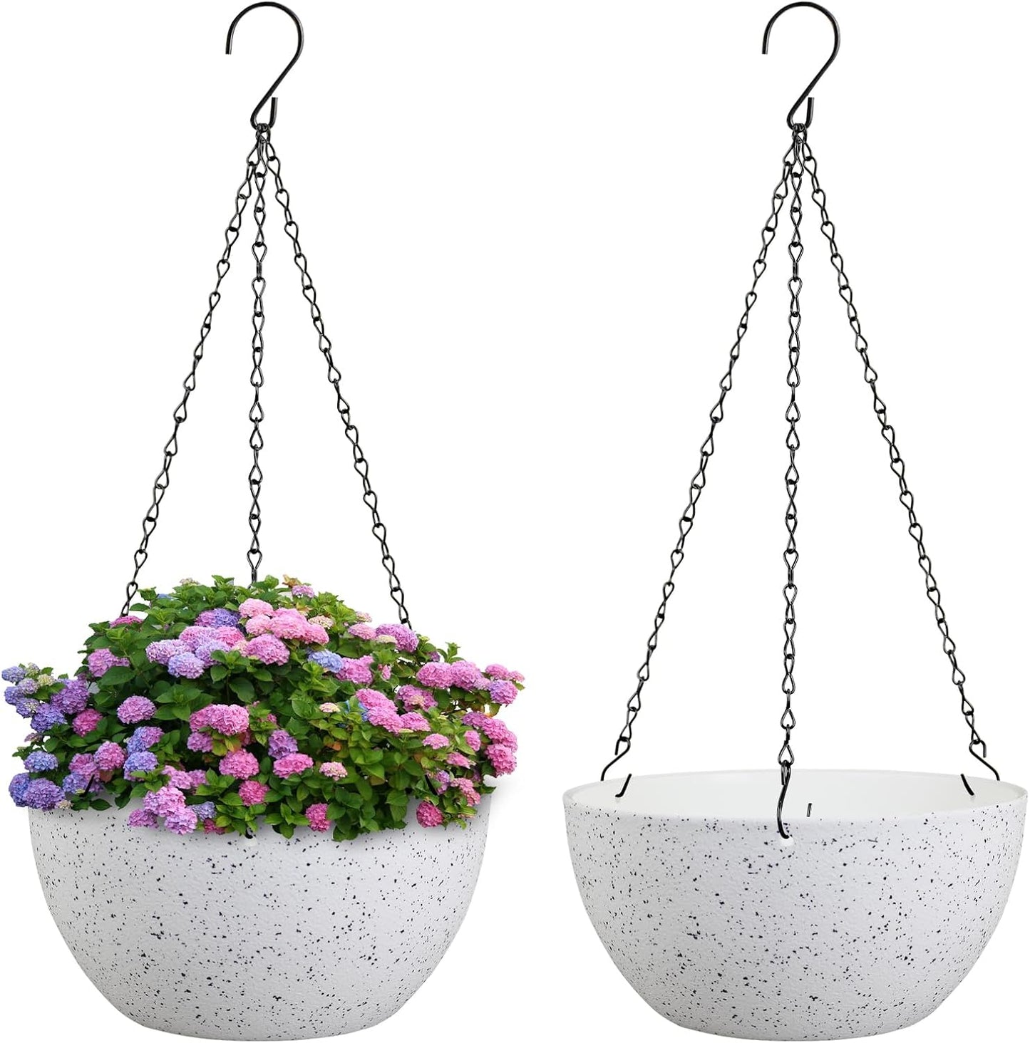 10 inch Hanging Planters for Indoor Outdoor Plants, 2 Pack Hanging Flower Pots with Drainage Holes and Chain for Garden Porch Plants, Round Plastic Hanging Baskets for House Plants, Black
