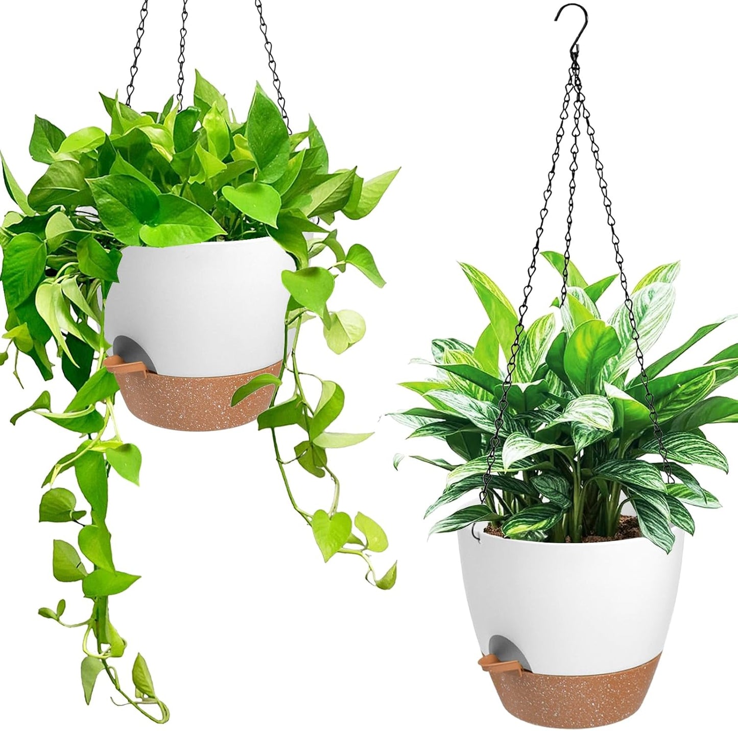 Hanging Planters for Indoor Outdoor Plants, 2 Pack Self Watering Hanging Pot with Drainage Holes & Removable Tray (White, 8'')