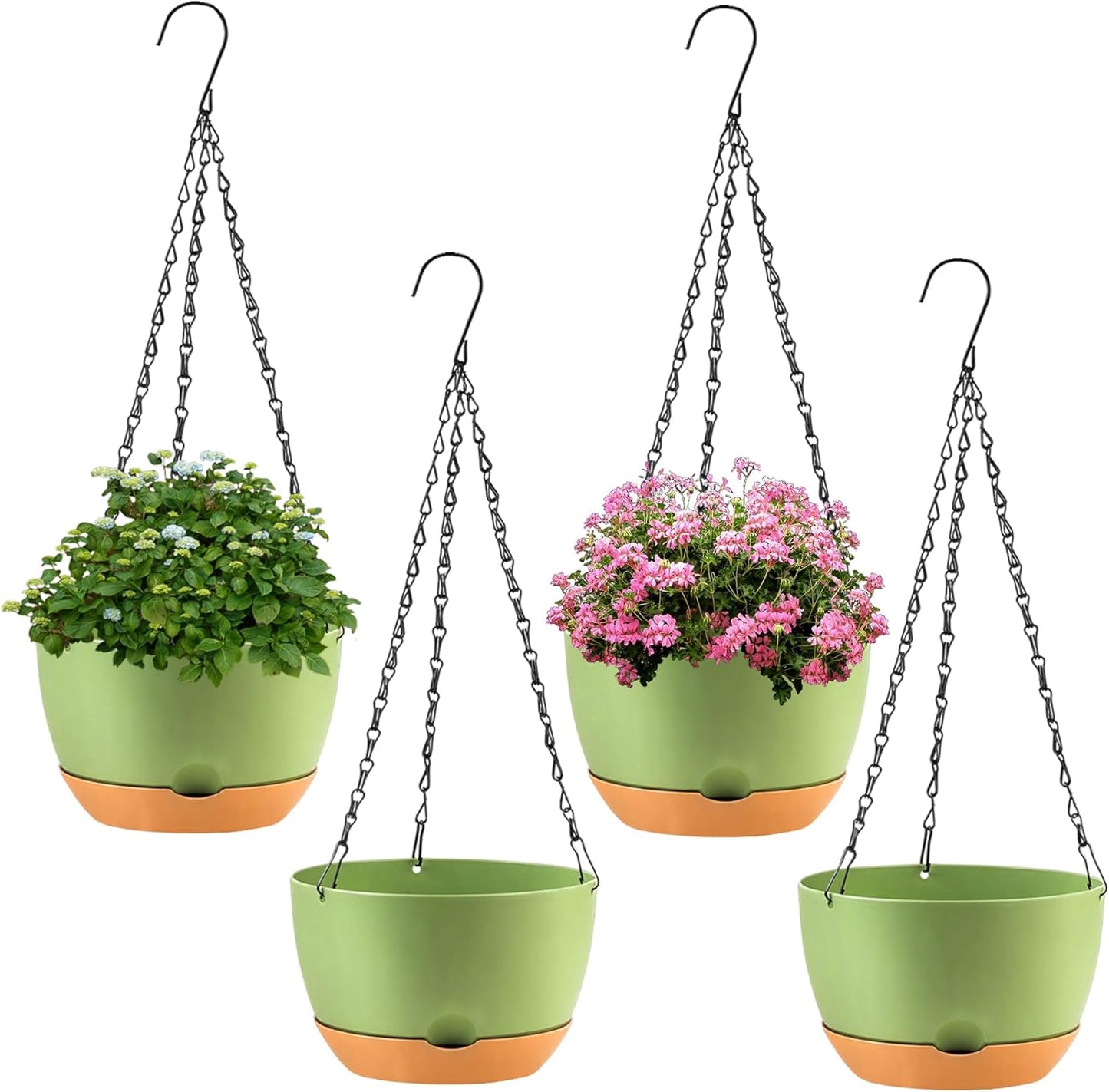 4 Pack Hanging Planter for Plants Indoor,8 Inch Plant Pot Outdoor Plastic Hanging Baskets with Drainage Holes and Chain for Garden Porch Plants(White+Black+Green+Beige)